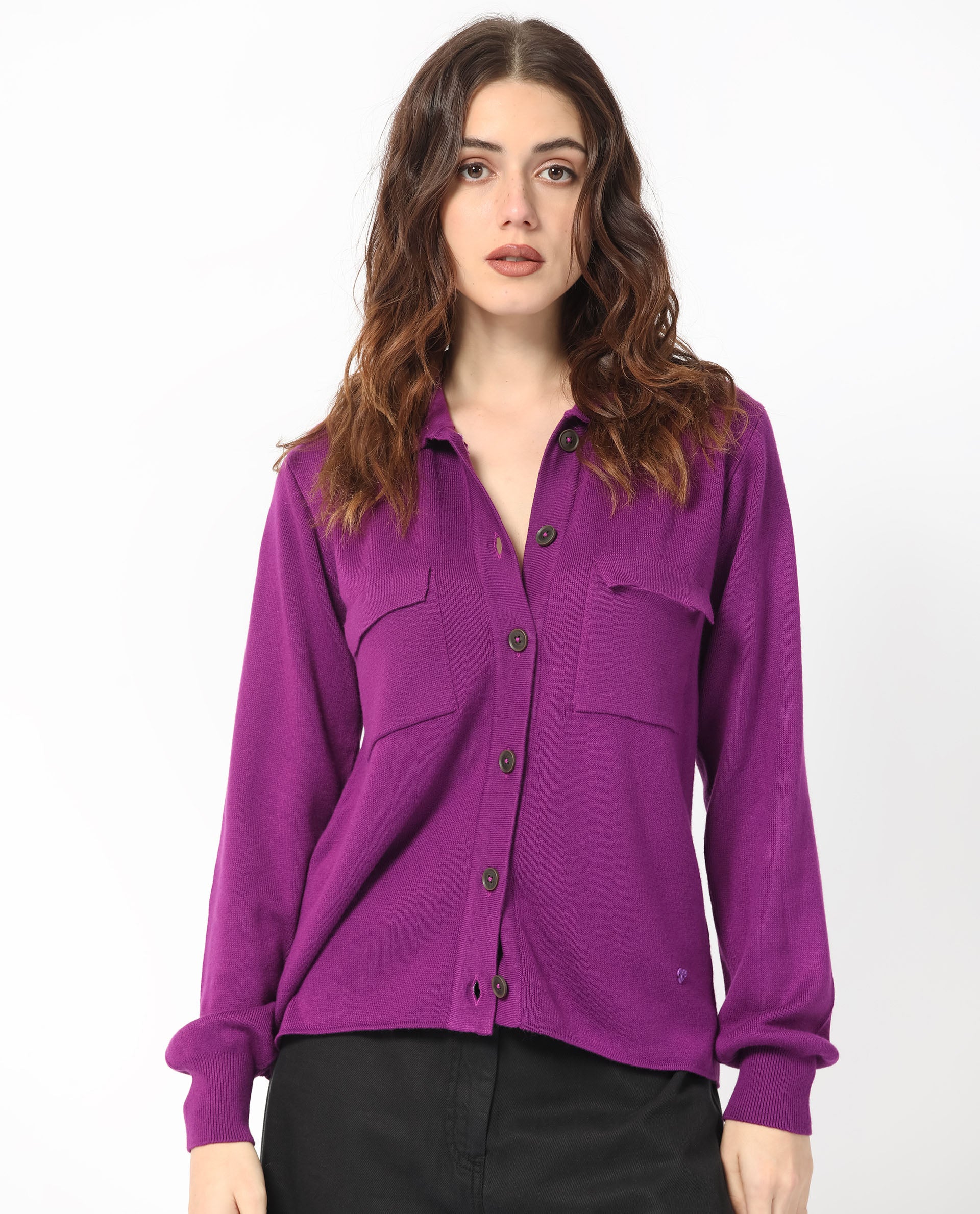 Rareism Women Korn Purple Viscose Fabric Full Sleeves Button Closure Shirt Collar Regular Fit Plain Sweater