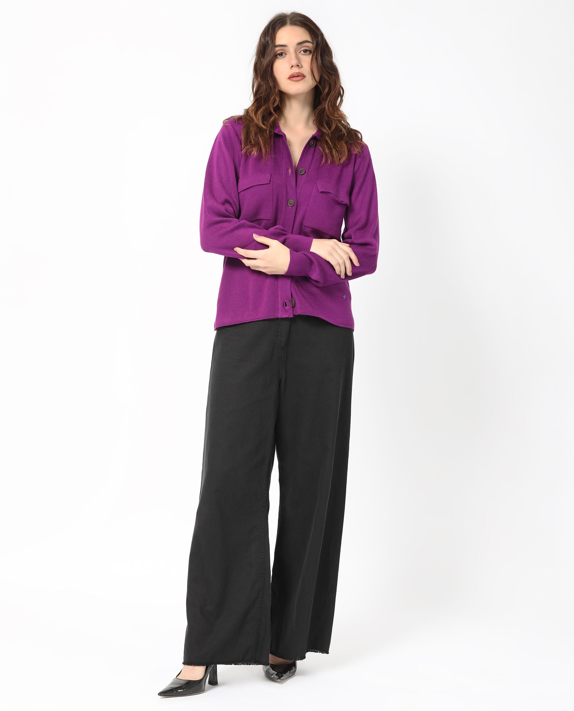 Rareism Women Korn Purple Viscose Fabric Full Sleeves Button Closure Shirt Collar Regular Fit Plain Sweater