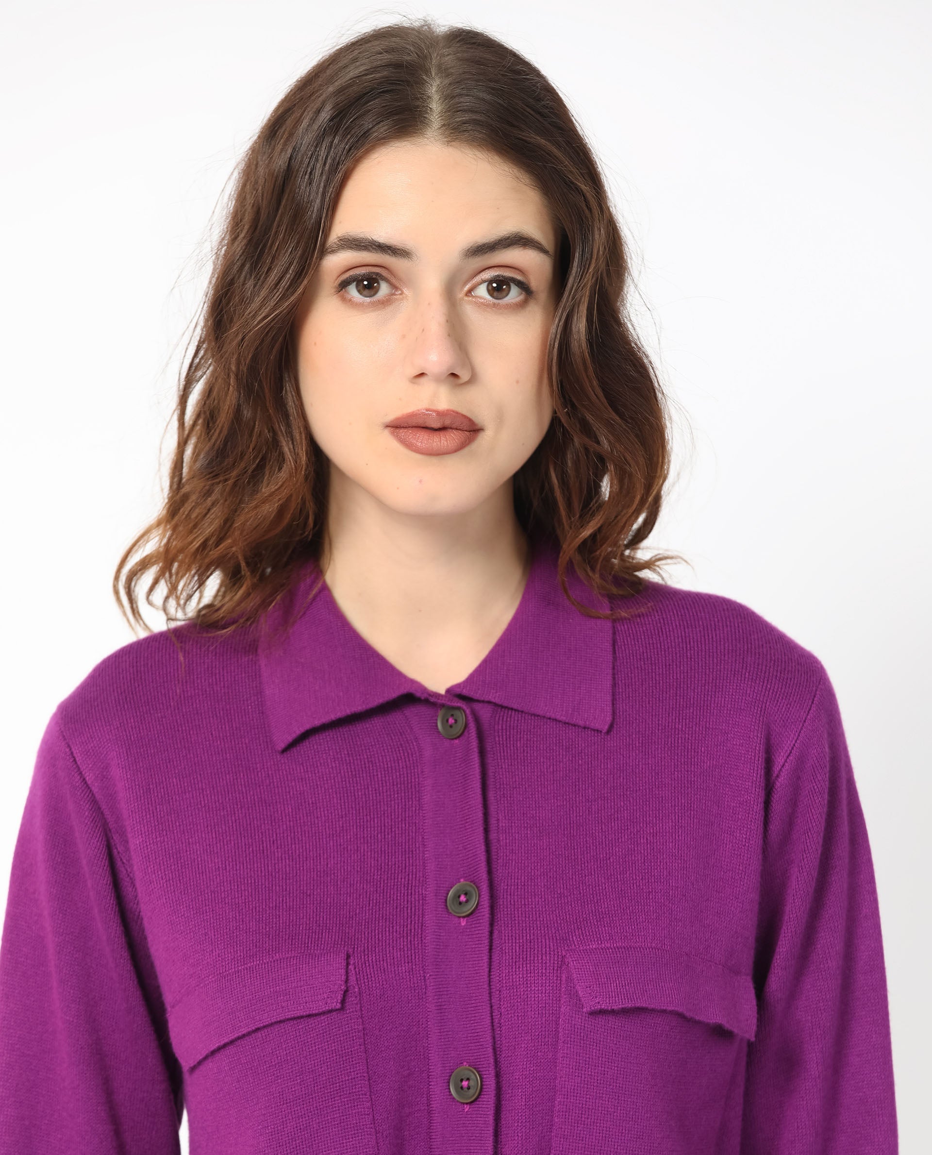 Rareism Women Korn Purple Viscose Fabric Full Sleeves Button Closure Shirt Collar Regular Fit Plain Sweater