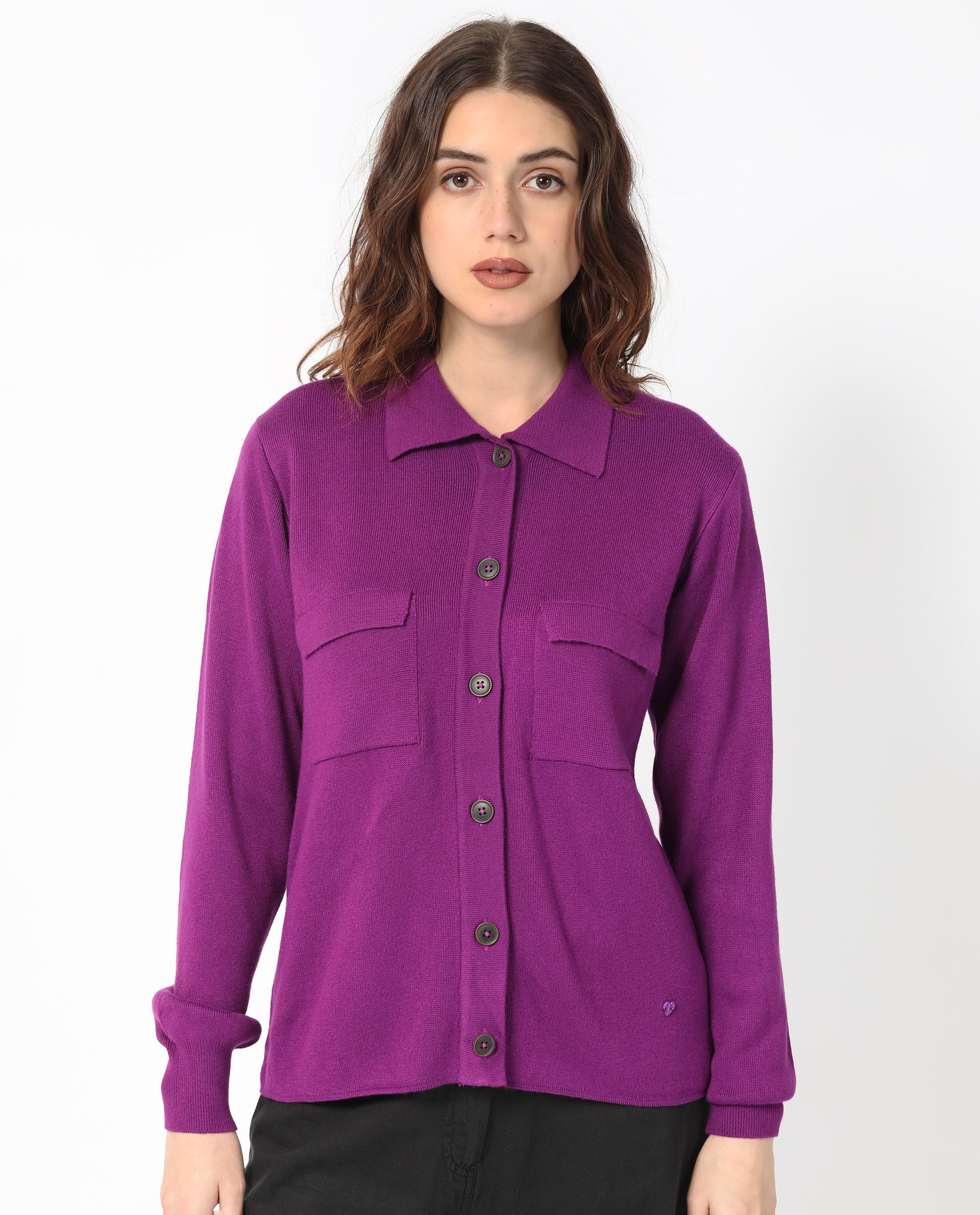 Rareism Women Korn Purple Viscose Fabric Full Sleeves Button Closure Shirt Collar Regular Fit Plain Sweater
