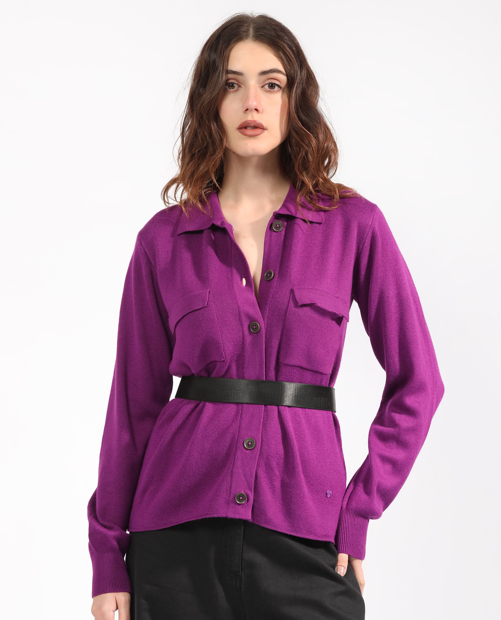 Rareism Women Korn Purple Viscose Fabric Full Sleeves Button Closure Shirt Collar Regular Fit Plain Sweater
