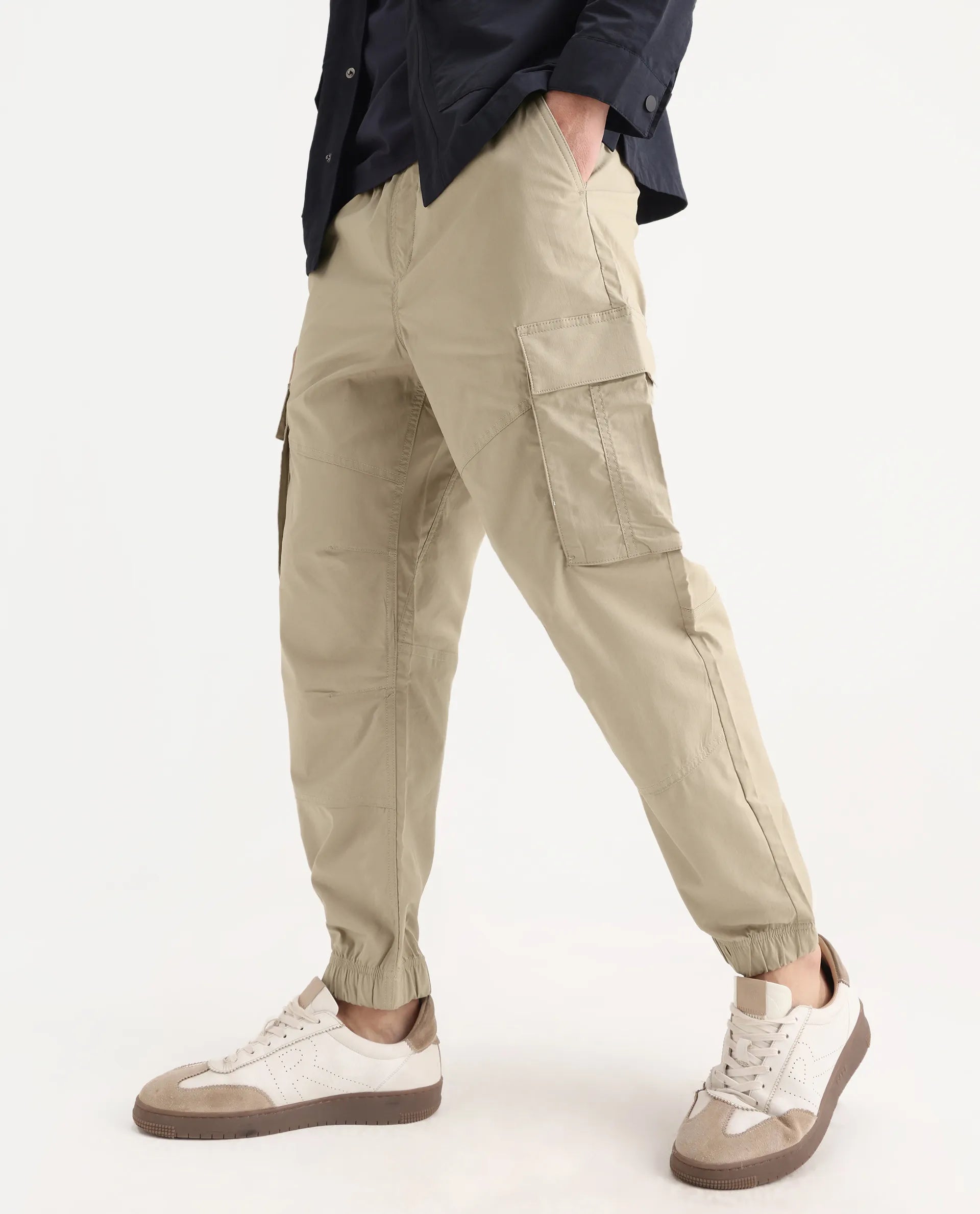 Rare Rabbit Men's Korb Beige Cotton Blend Plain Relaxed Fit Trouser