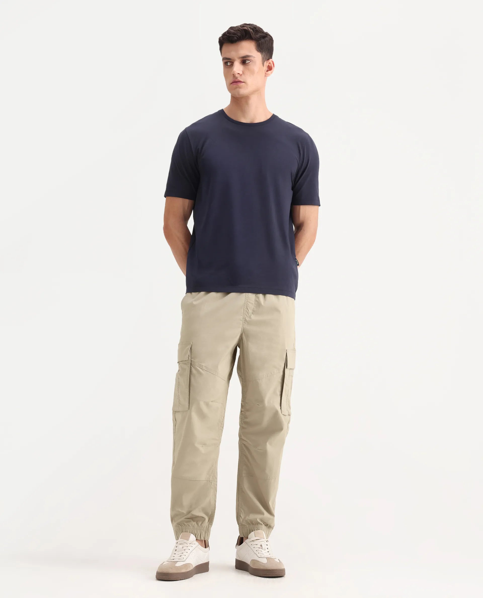 Rare Rabbit Men's Korb Beige Cotton Blend Plain Relaxed Fit Trouser