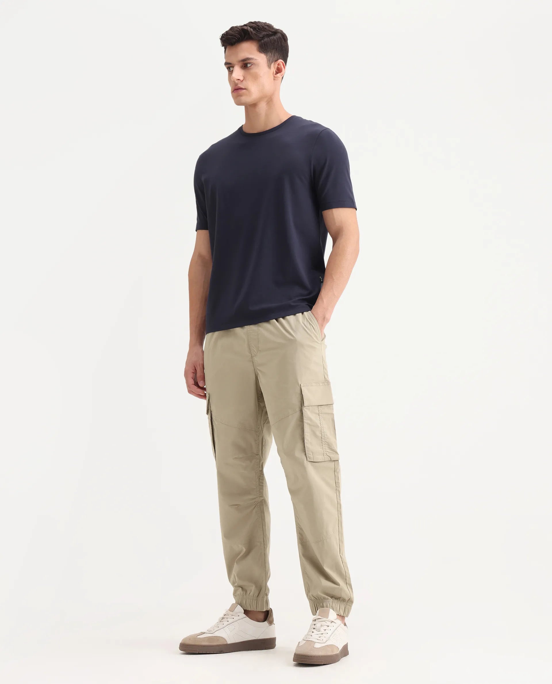 Rare Rabbit Men's Korb Beige Cotton Blend Plain Relaxed Fit Trouser