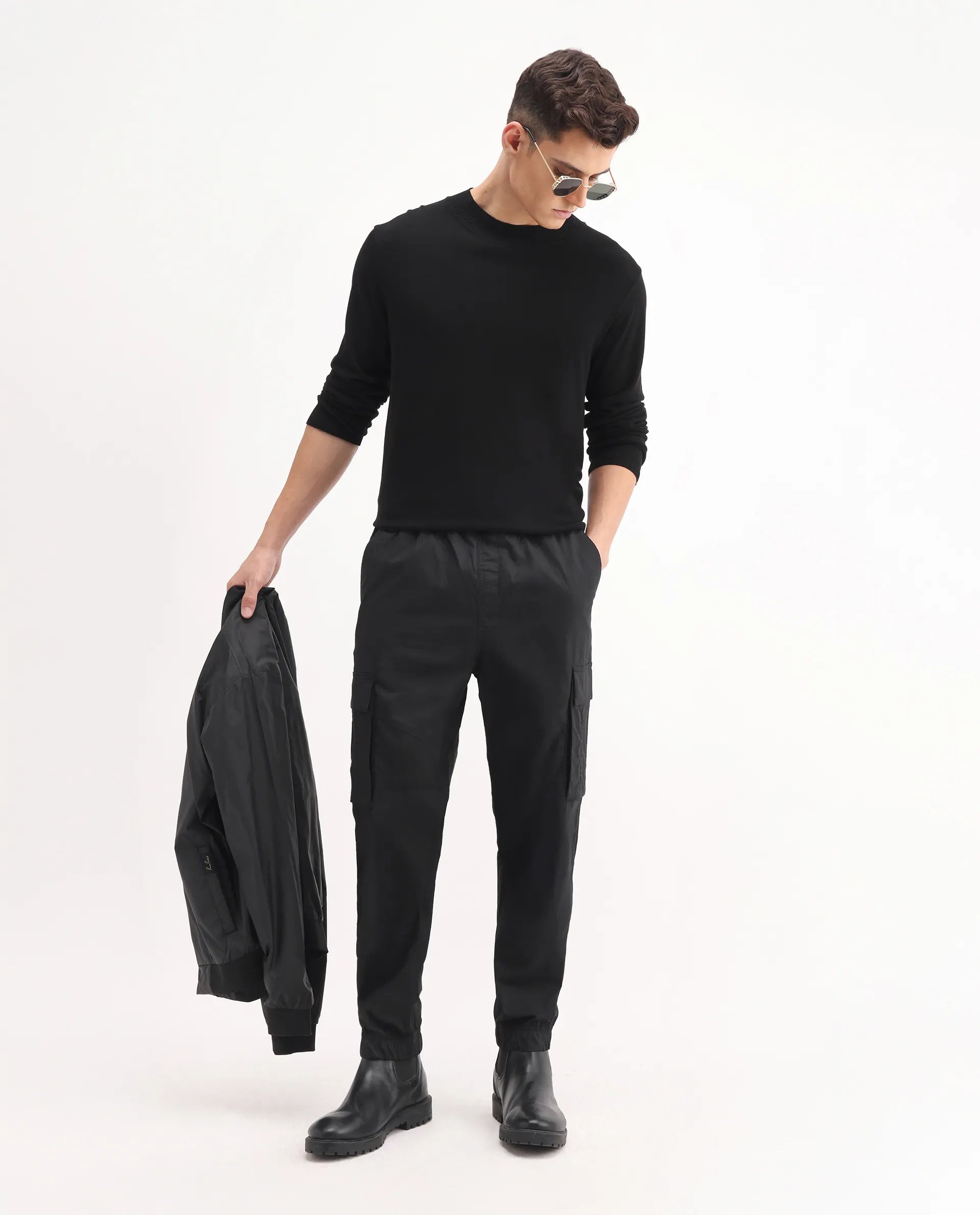 Rare Rabbit Men's Korb Black Cotton Blend Plain Relaxed Fit Trouser