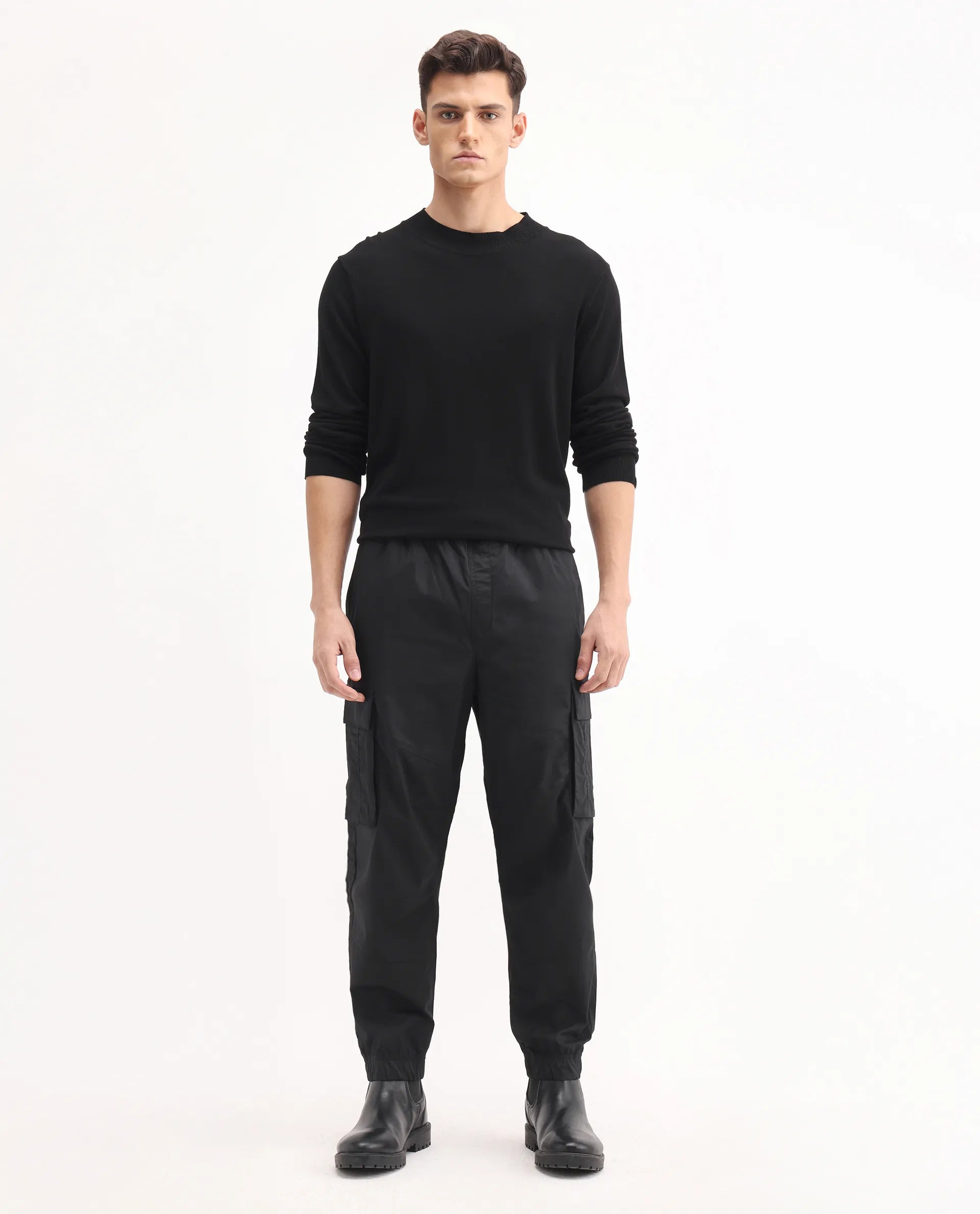 Rare Rabbit Men's Korb Black Cotton Blend Plain Relaxed Fit Trouser