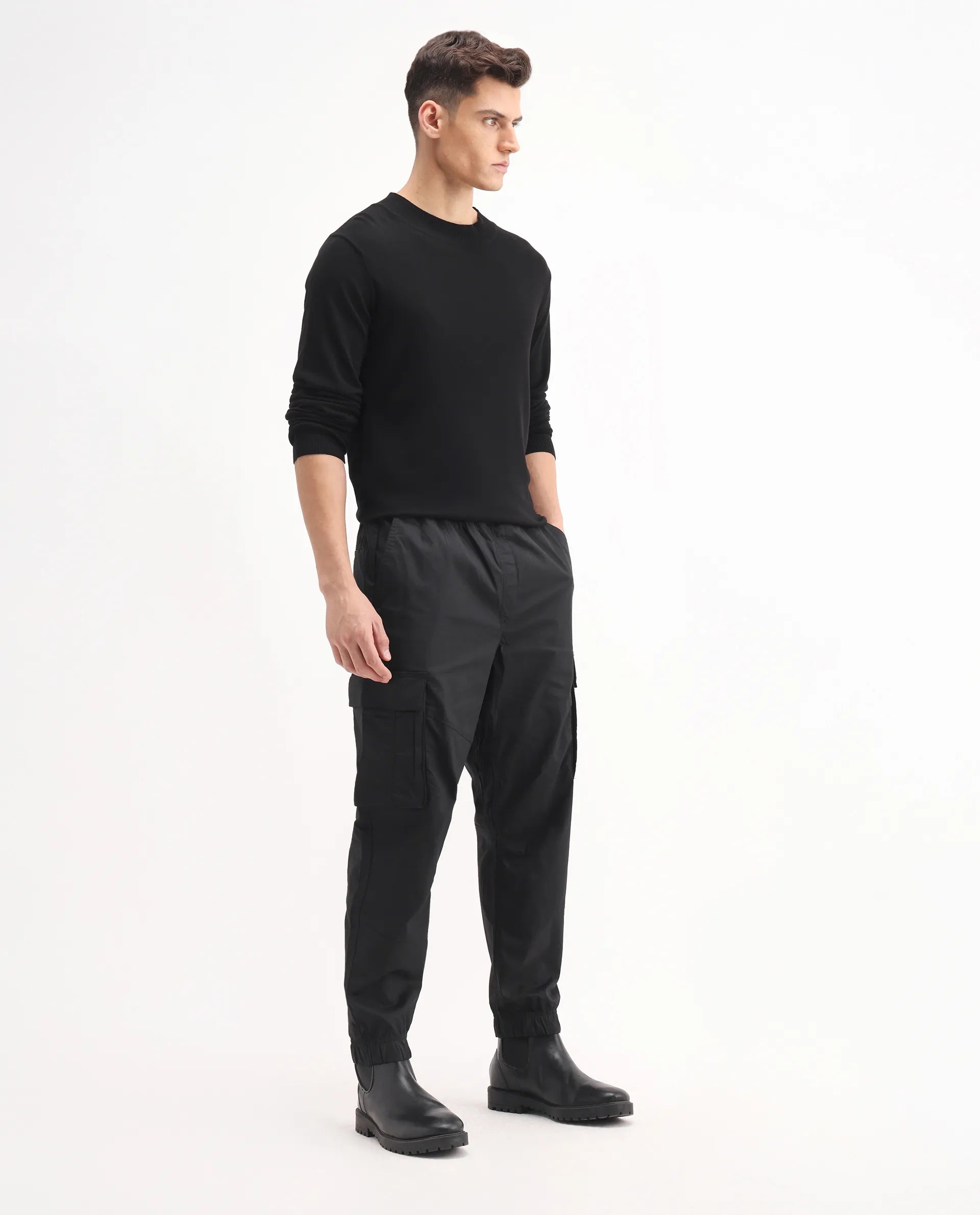 Rare Rabbit Men's Korb Black Cotton Blend Plain Relaxed Fit Trouser