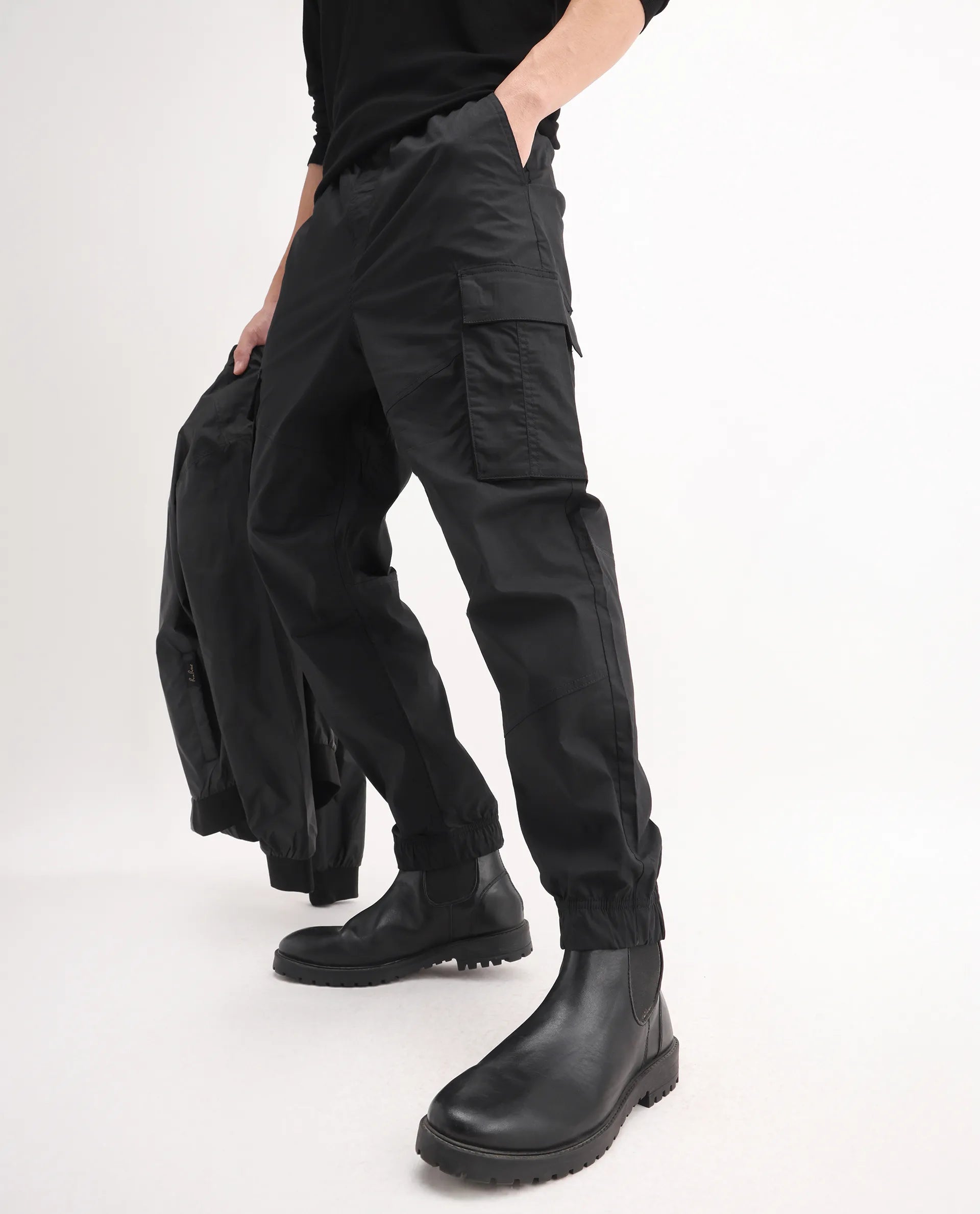 Rare Rabbit Men's Korb Black Cotton Blend Plain Relaxed Fit Trouser