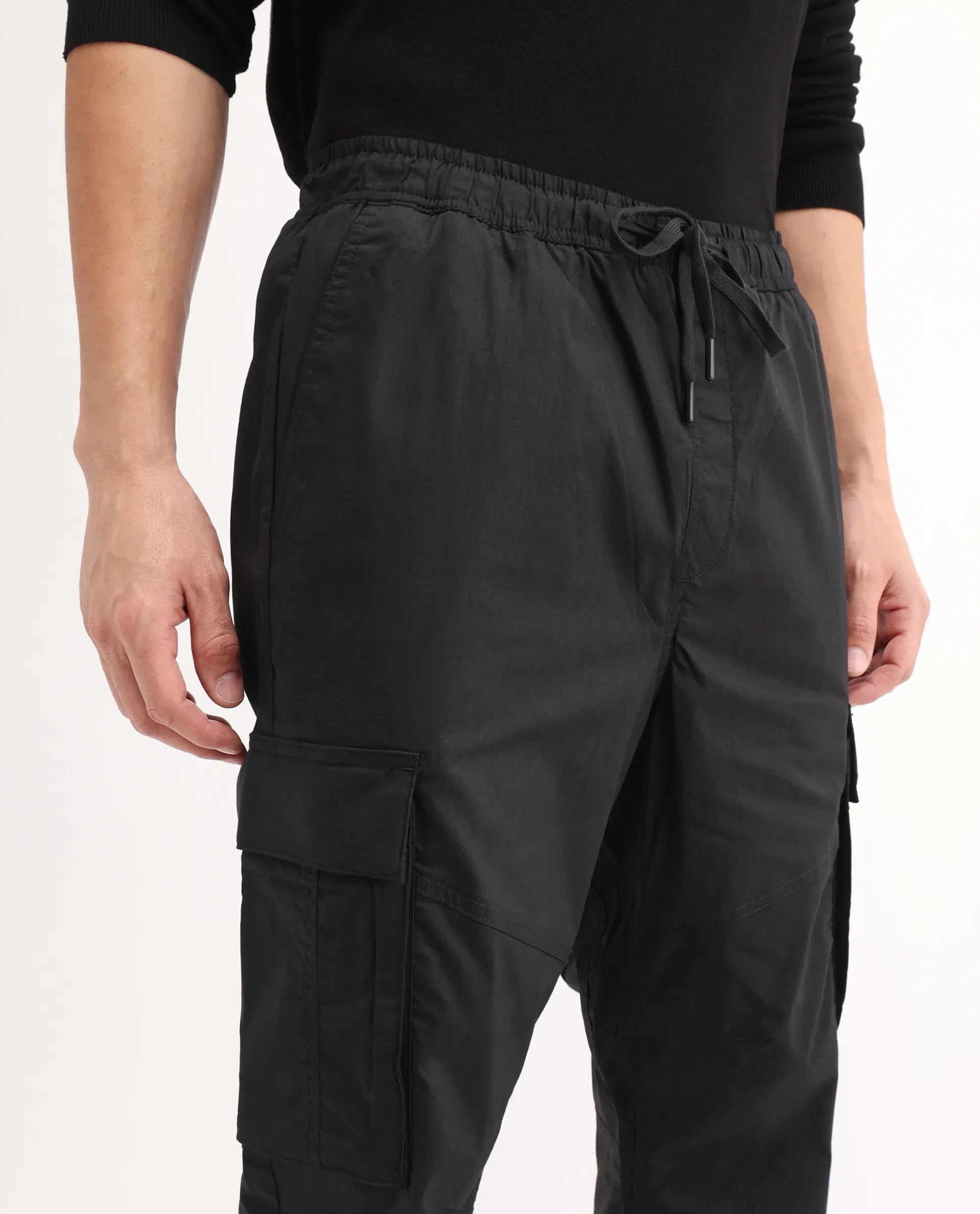 Rare Rabbit Men's Korb Black Cotton Blend Plain Relaxed Fit Trouser