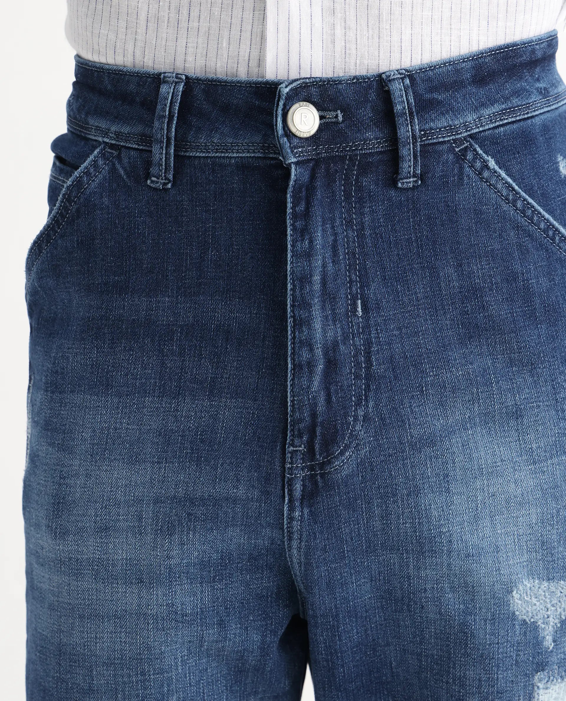 Rare Rabbit Men's Korb Blue Cotton Blend Plain Baggy Fit Jeans