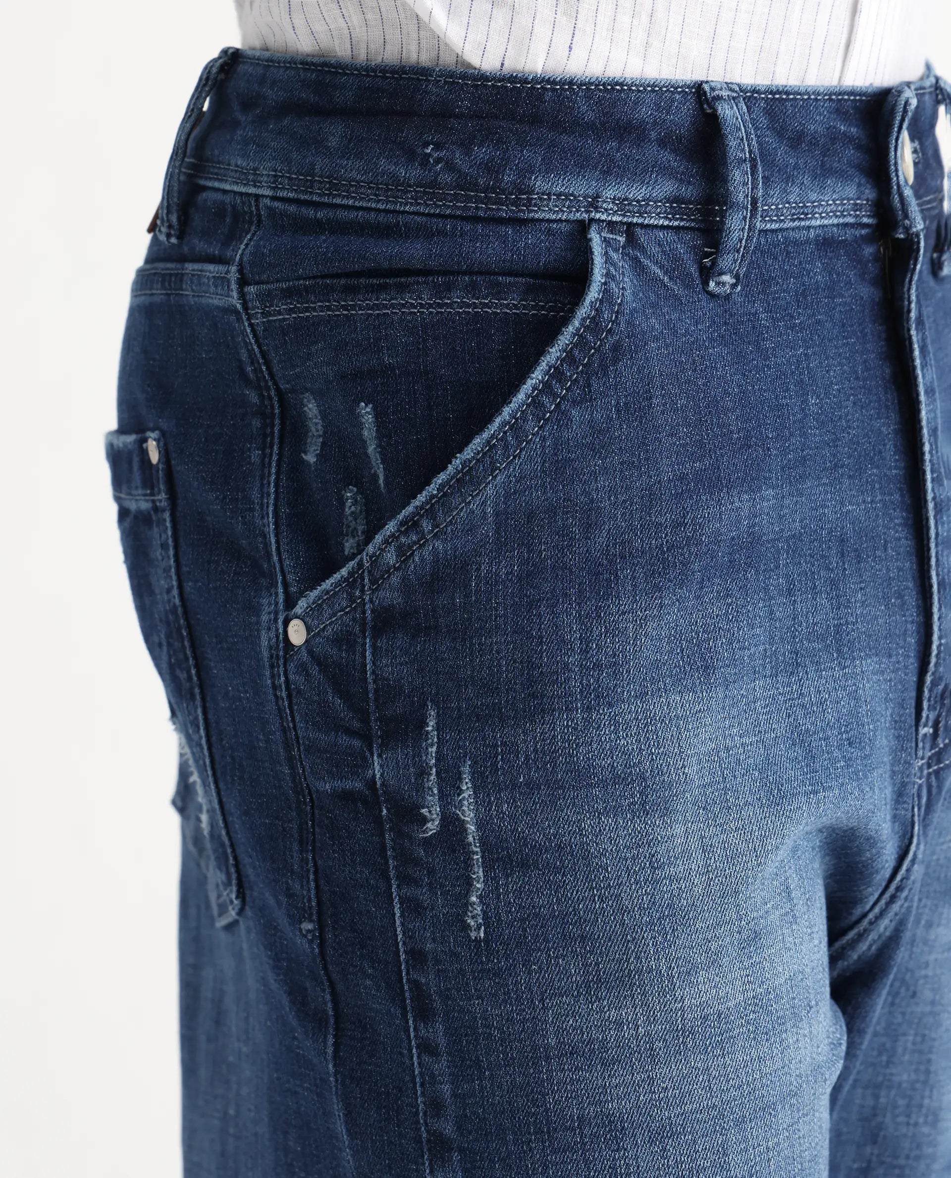 Rare Rabbit Men's Korb Blue Cotton Blend Plain Baggy Fit Jeans