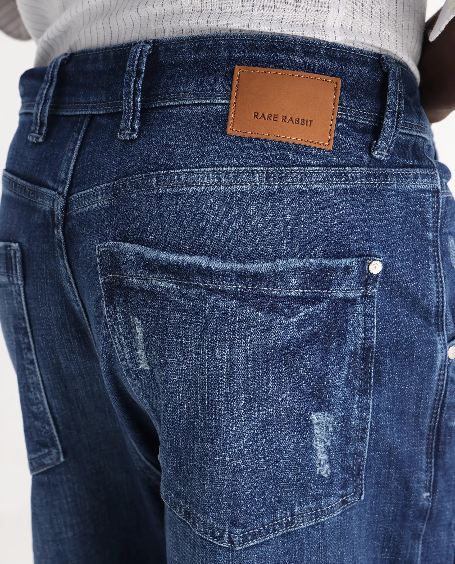 Rare Rabbit Men's Korb Blue Cotton Blend Plain Baggy Fit Jeans