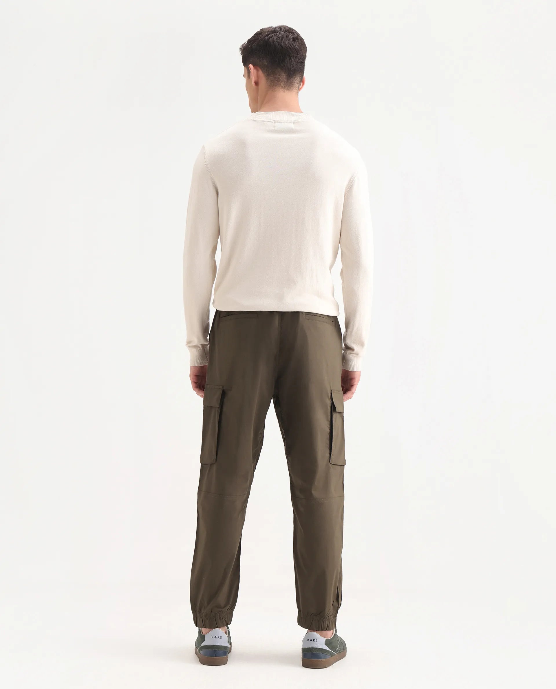 Rare Rabbit Men's Korb Olive Cotton Blend Plain Relaxed Fit Trouser