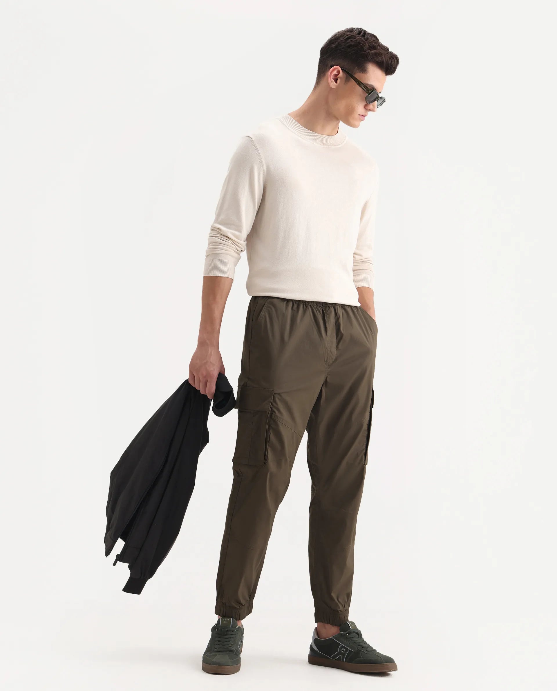 Rare Rabbit Men's Korb Olive Cotton Blend Plain Relaxed Fit Trouser