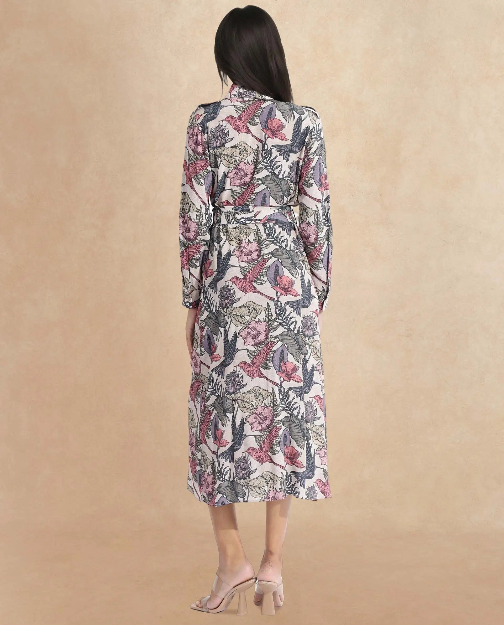 Rareism Women Korean Multi Cuffed Sleeve Collared Neck Fit And Flare Maxi Abstract Print Dress