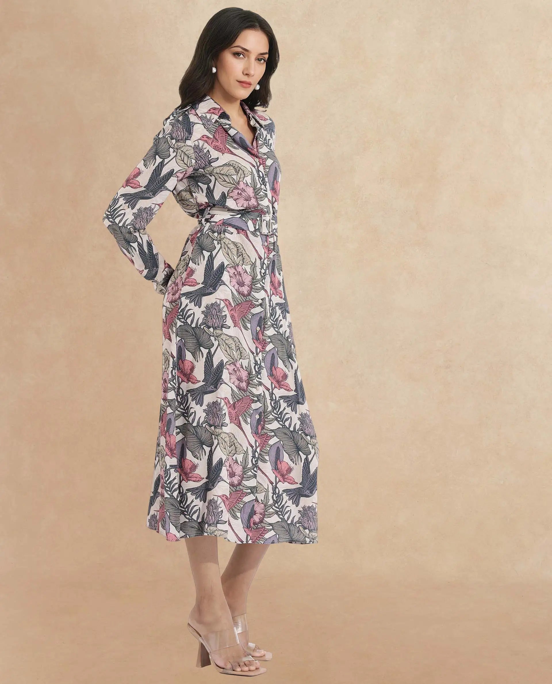 Rareism Women Korean Multi Cuffed Sleeve Collared Neck Fit And Flare Maxi Abstract Print Dress