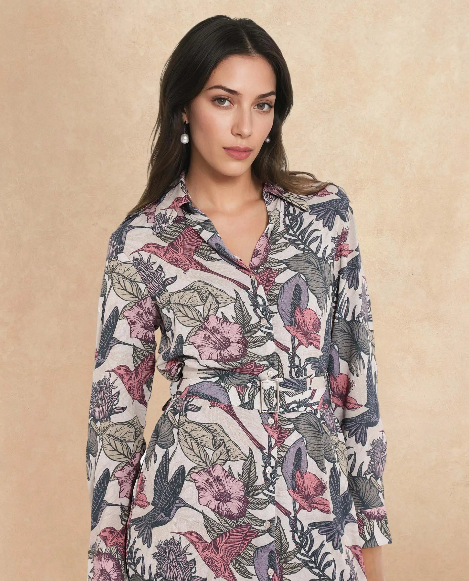 Rareism Women Korean Multi Cuffed Sleeve Collared Neck Fit And Flare Maxi Abstract Print Dress