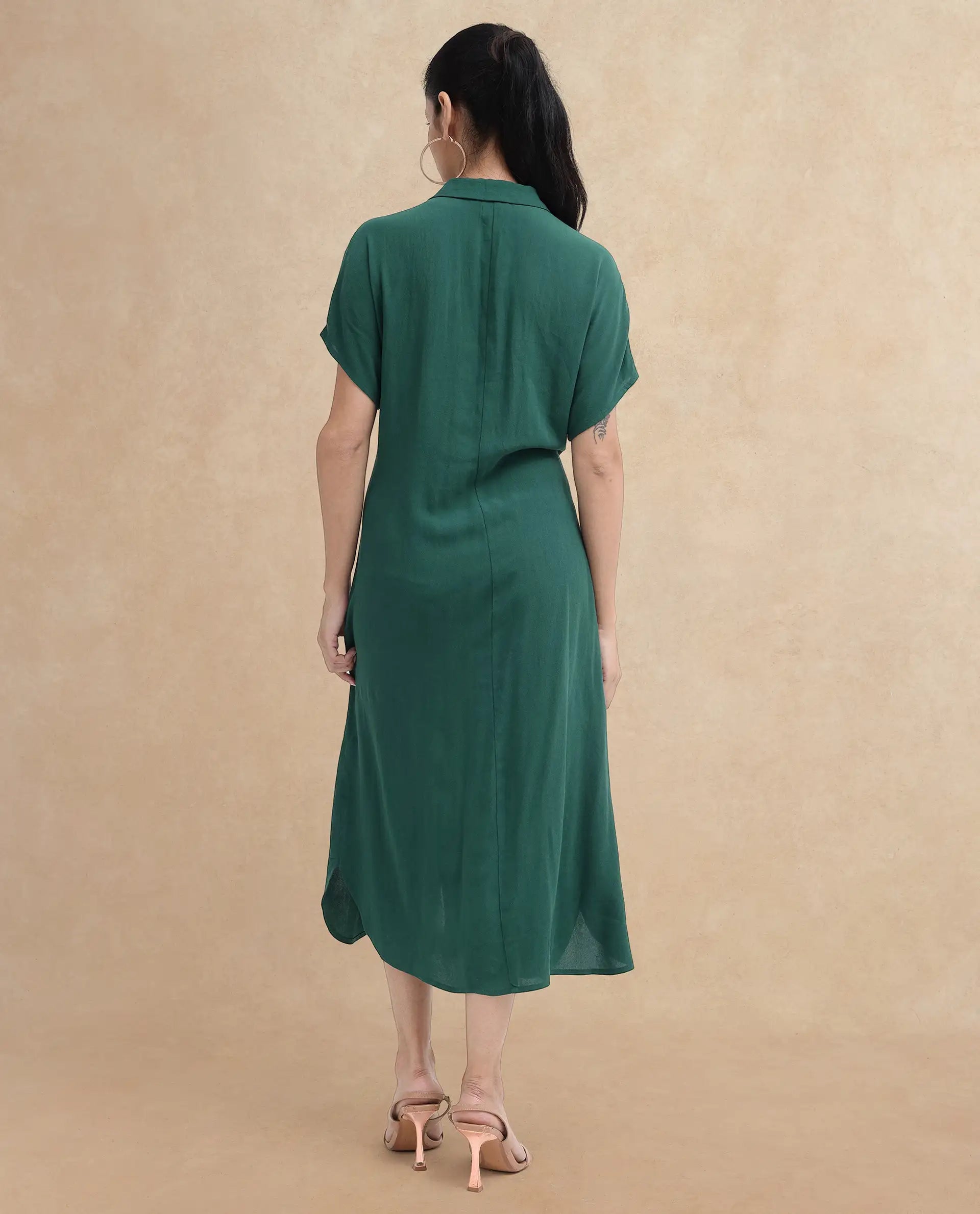 Rareism Women Korian Dark Green Viscose Button Closure Extended Sleeves Collared Neck Relaxed Fit Plain Midi Dress