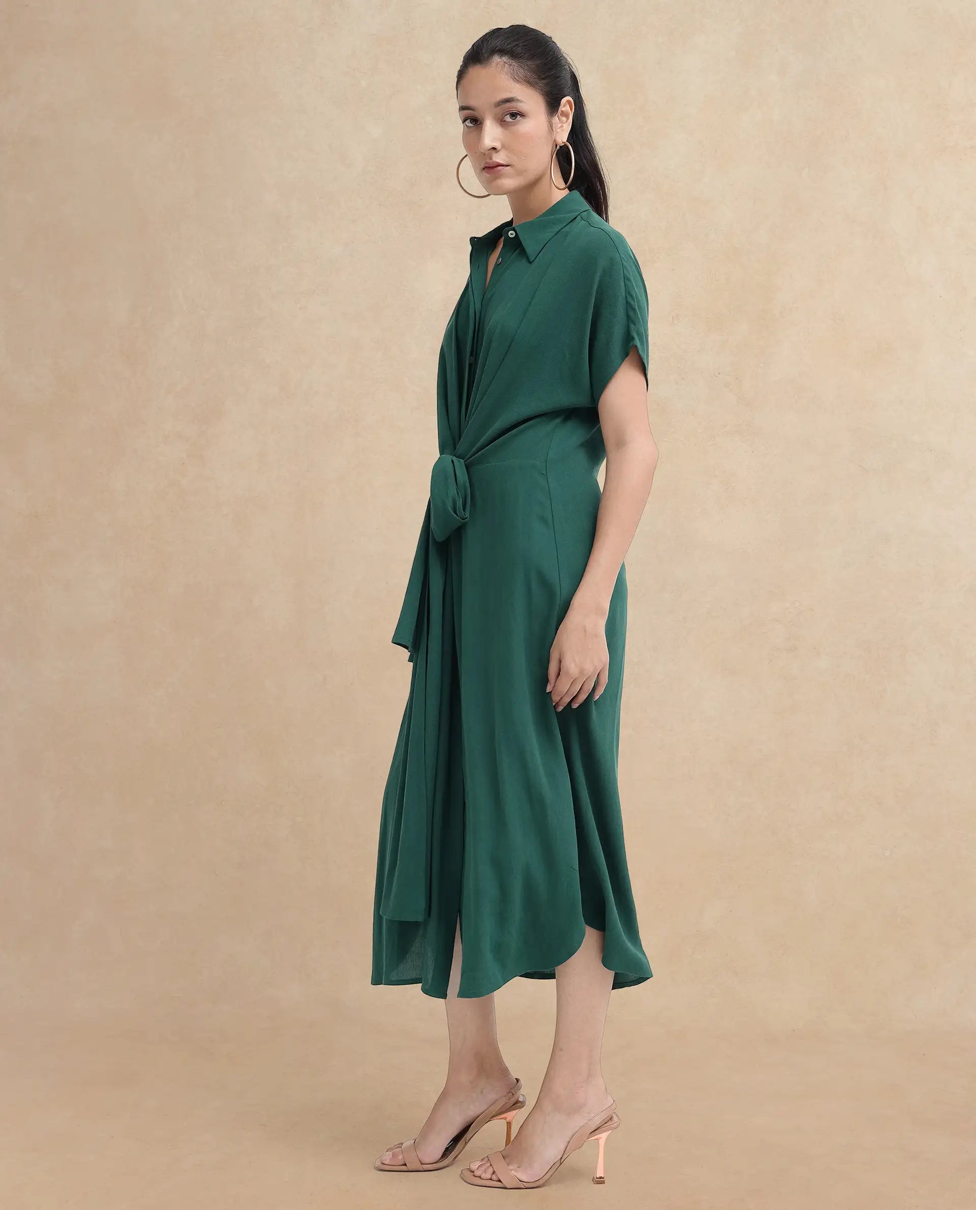 Rareism Women Korian Dark Green Viscose Button Closure Extended Sleeves Collared Neck Relaxed Fit Plain Midi Dress