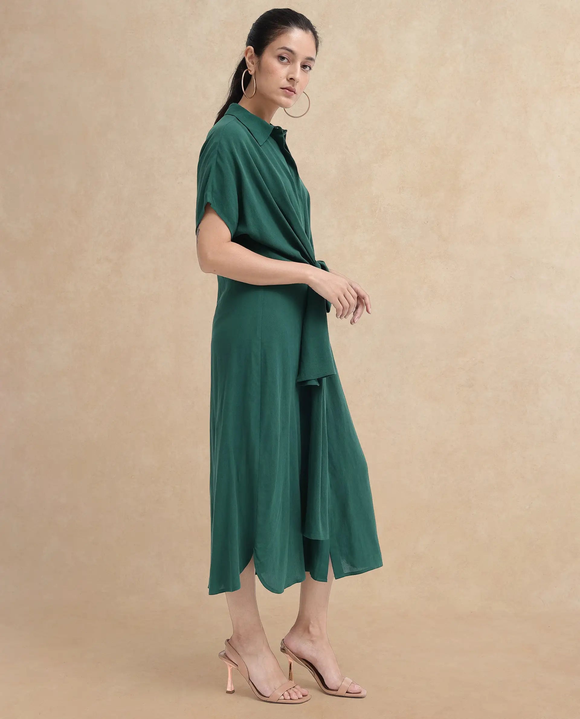 Rareism Women Korian Dark Green Viscose Button Closure Extended Sleeves Collared Neck Relaxed Fit Plain Midi Dress