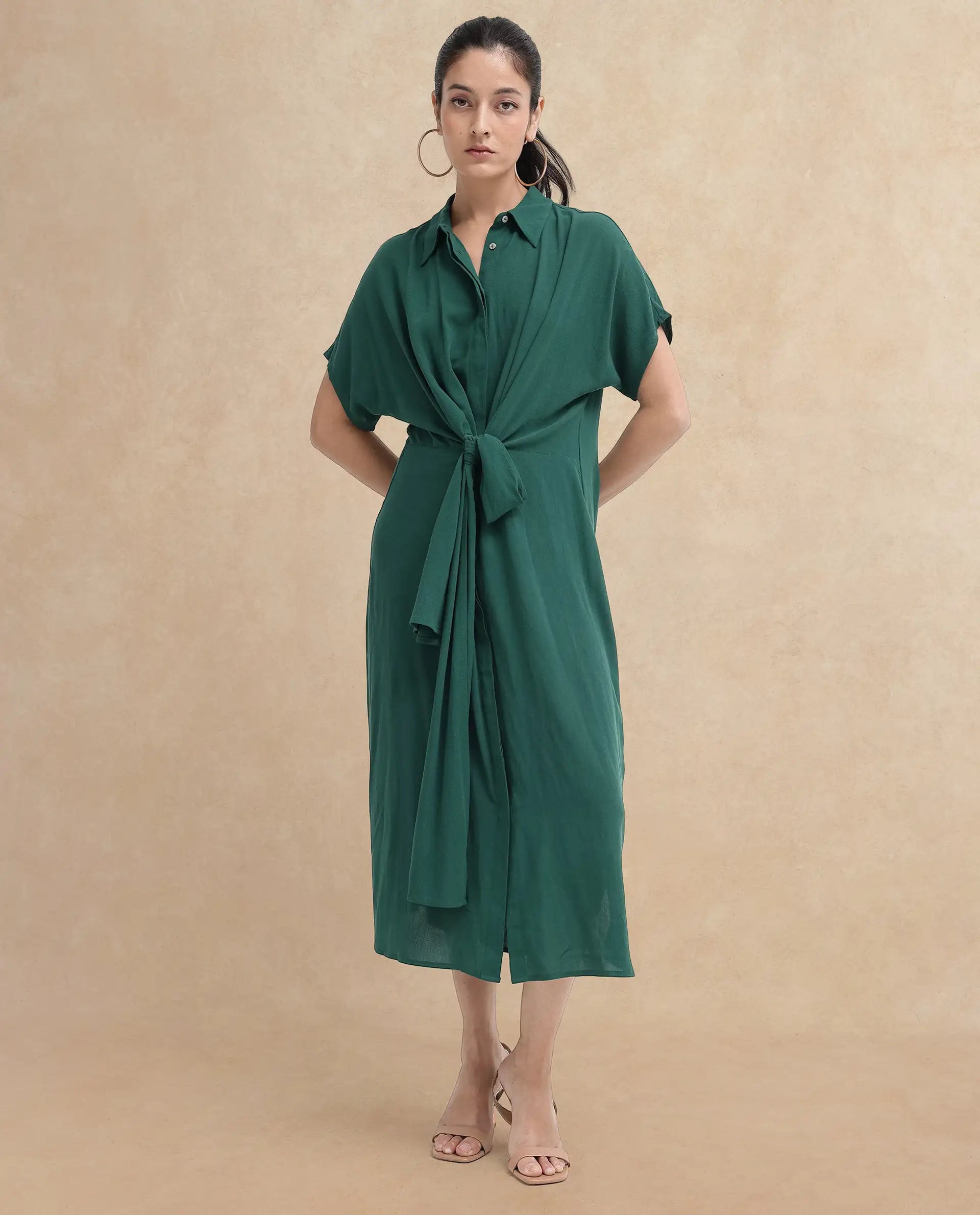 Rareism Women Korian Dark Green Viscose Button Closure Extended Sleeves Collared Neck Relaxed Fit Plain Midi Dress