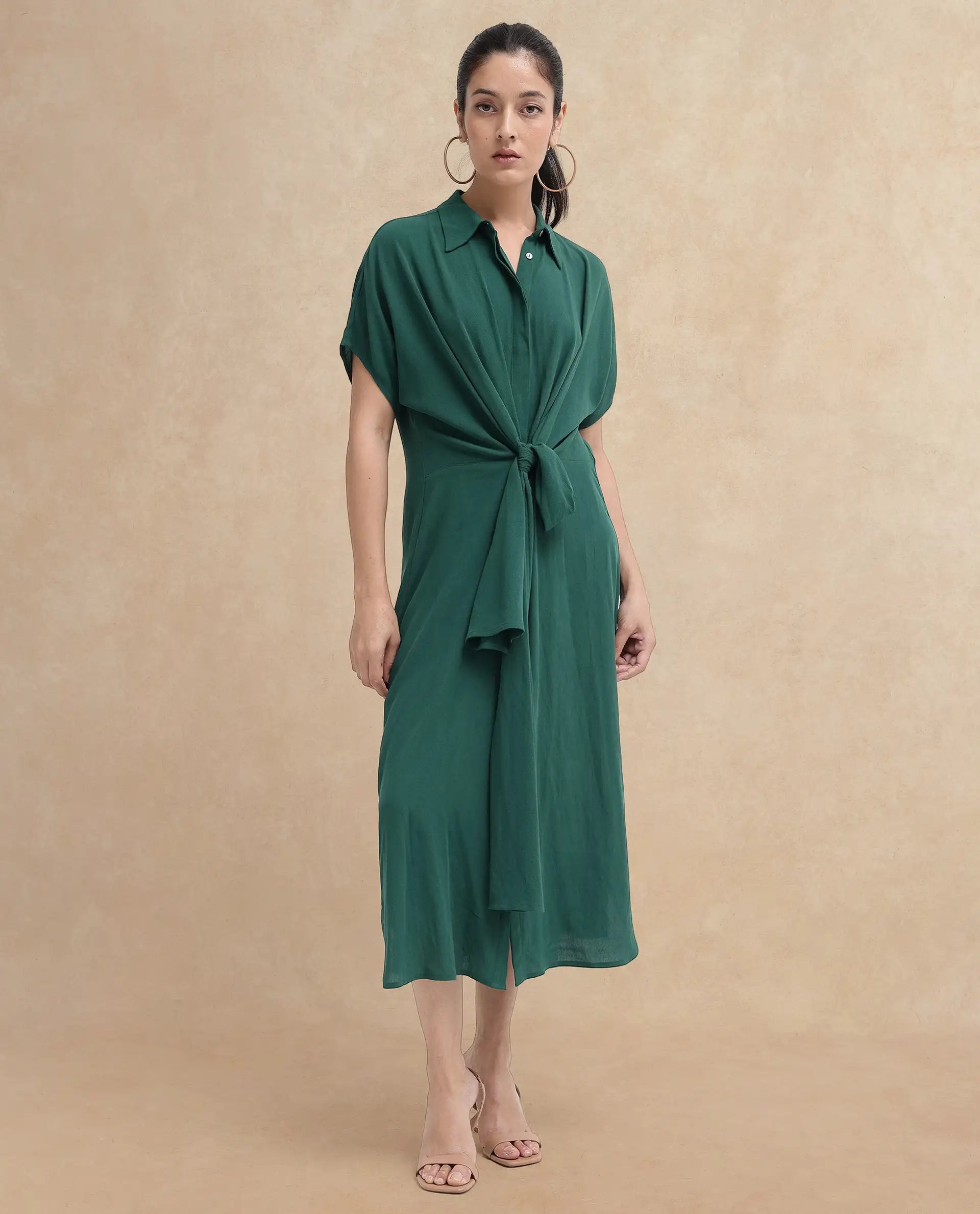 Rareism Women Korian Dark Green Viscose Button Closure Extended Sleeves Collared Neck Relaxed Fit Plain Midi Dress