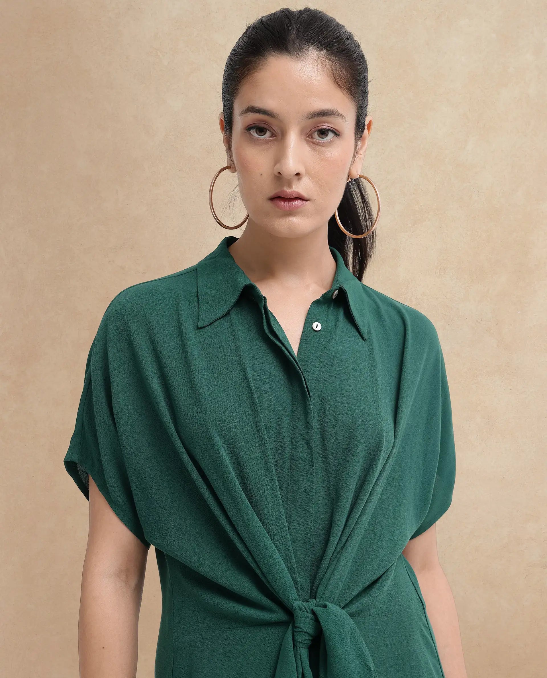 Rareism Women Korian Dark Green Viscose Button Closure Extended Sleeves Collared Neck Relaxed Fit Plain Midi Dress