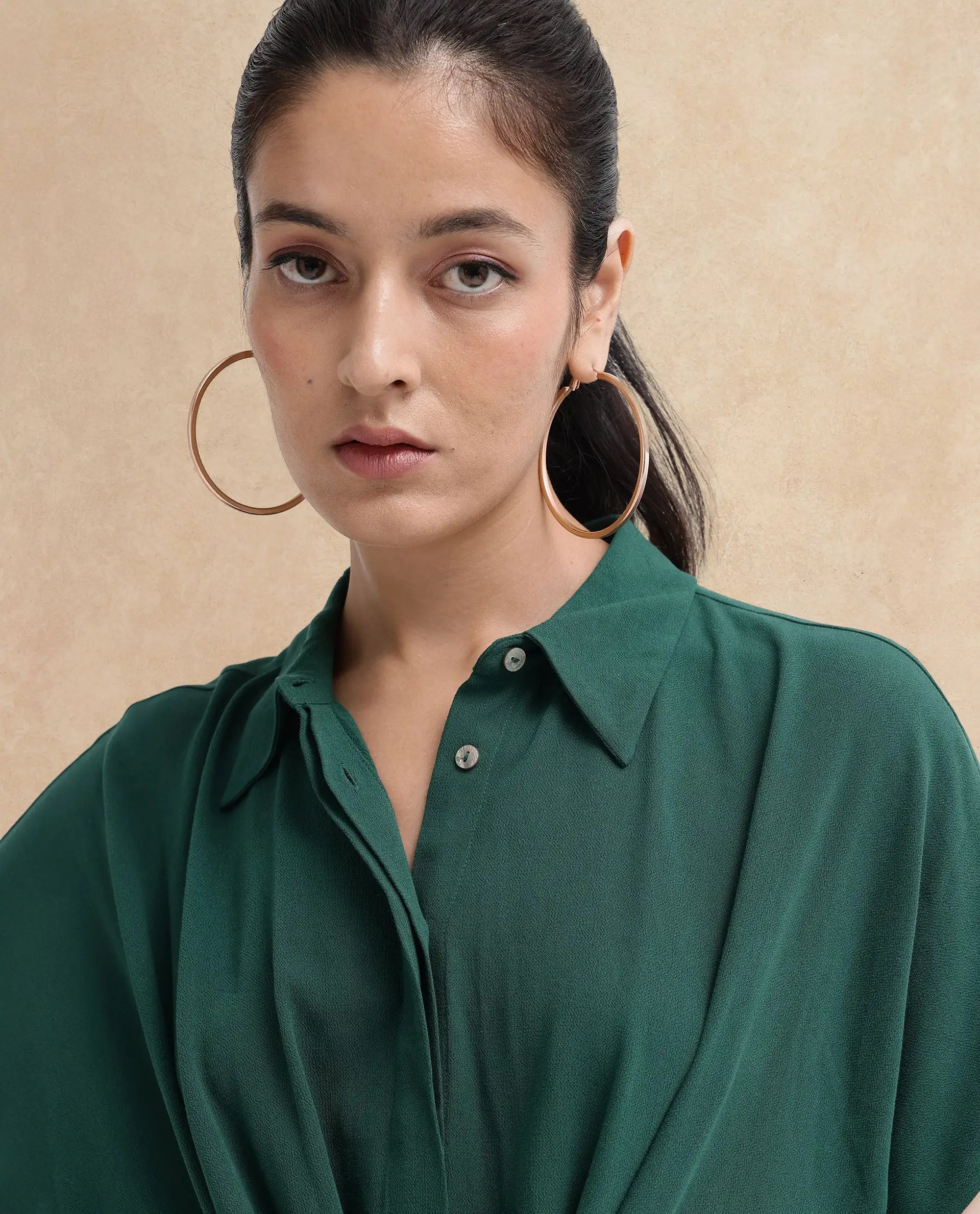 Rareism Women Korian Dark Green Viscose Button Closure Extended Sleeves Collared Neck Relaxed Fit Plain Midi Dress