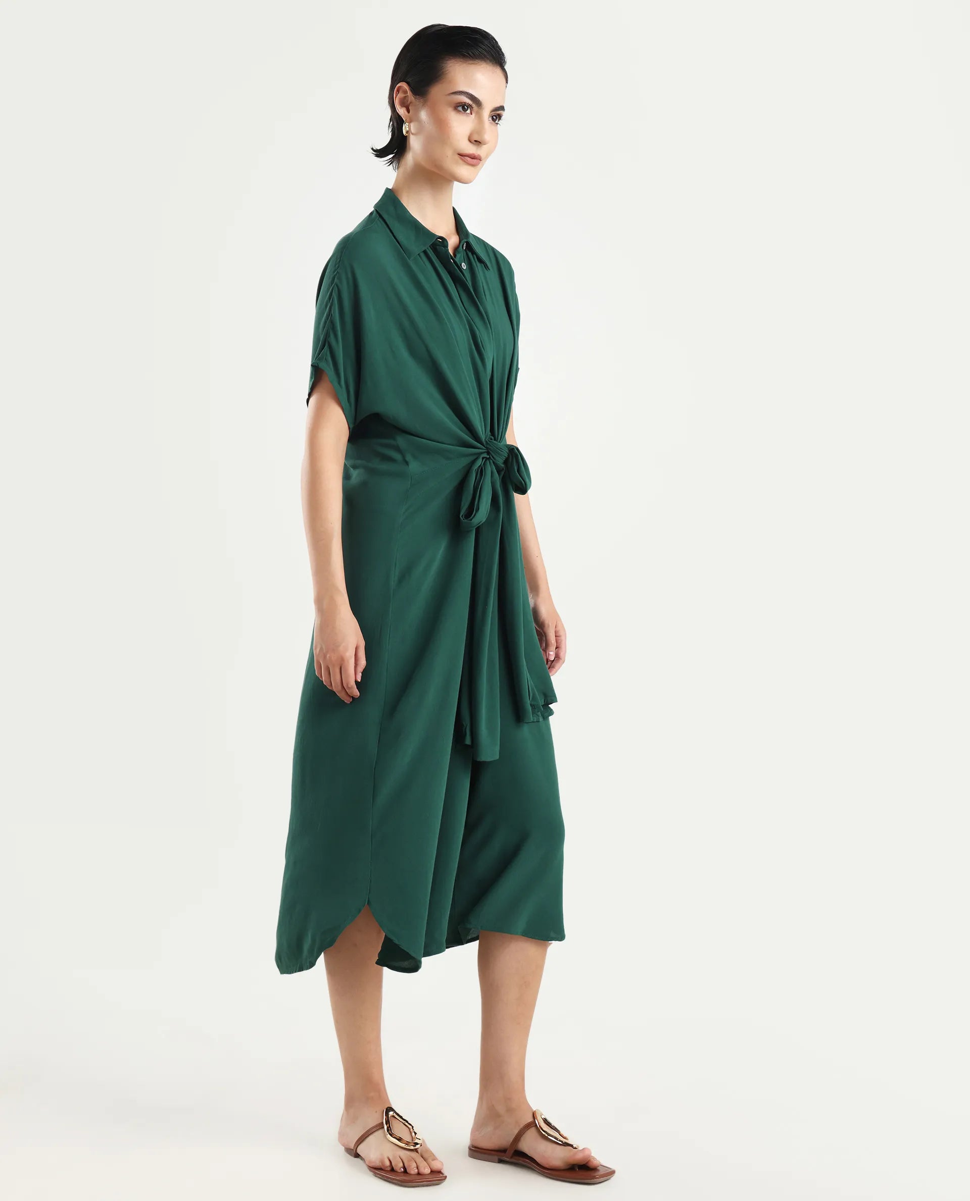 Rareism Women's Korian Dark Green Moroccan Crepe Drop Collar Plain Extended Sleeves Midi Relaxed Fit Dress