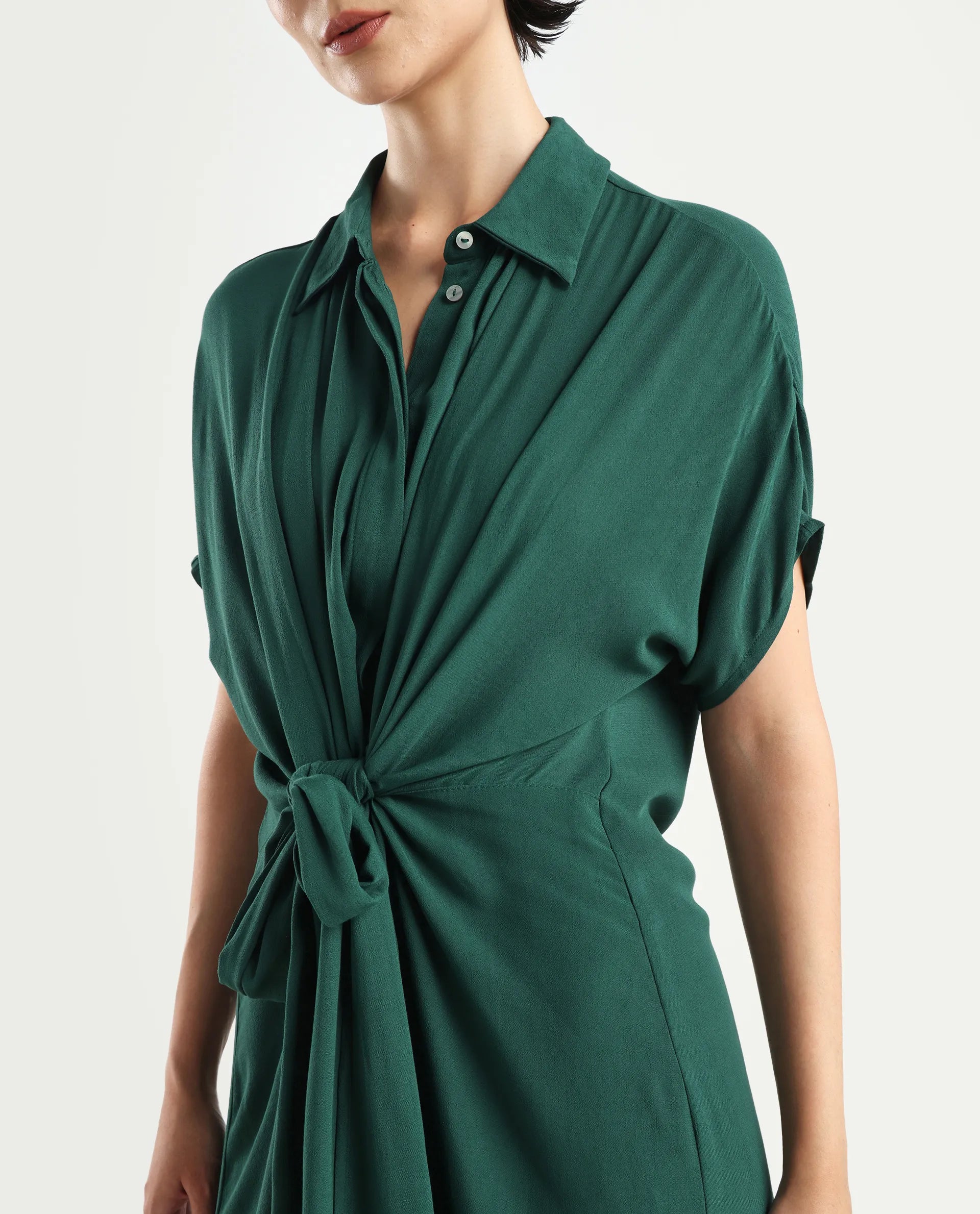 Rareism Women's Korian Dark Green Moroccan Crepe Drop Collar Plain Extended Sleeves Midi Relaxed Fit Dress