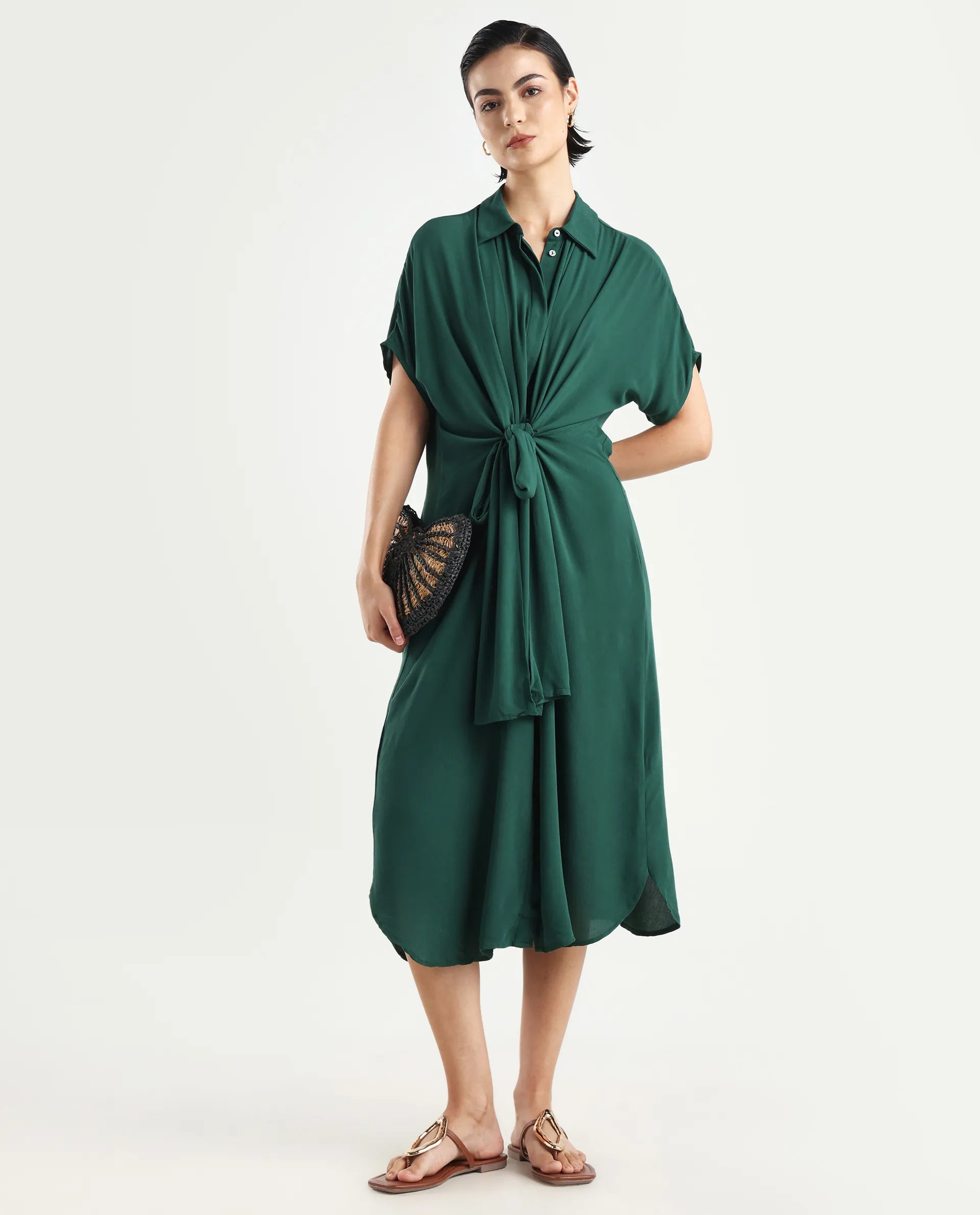 Rareism Women's Korian Dark Green Moroccan Crepe Drop Collar Plain Extended Sleeves Midi Relaxed Fit Dress
