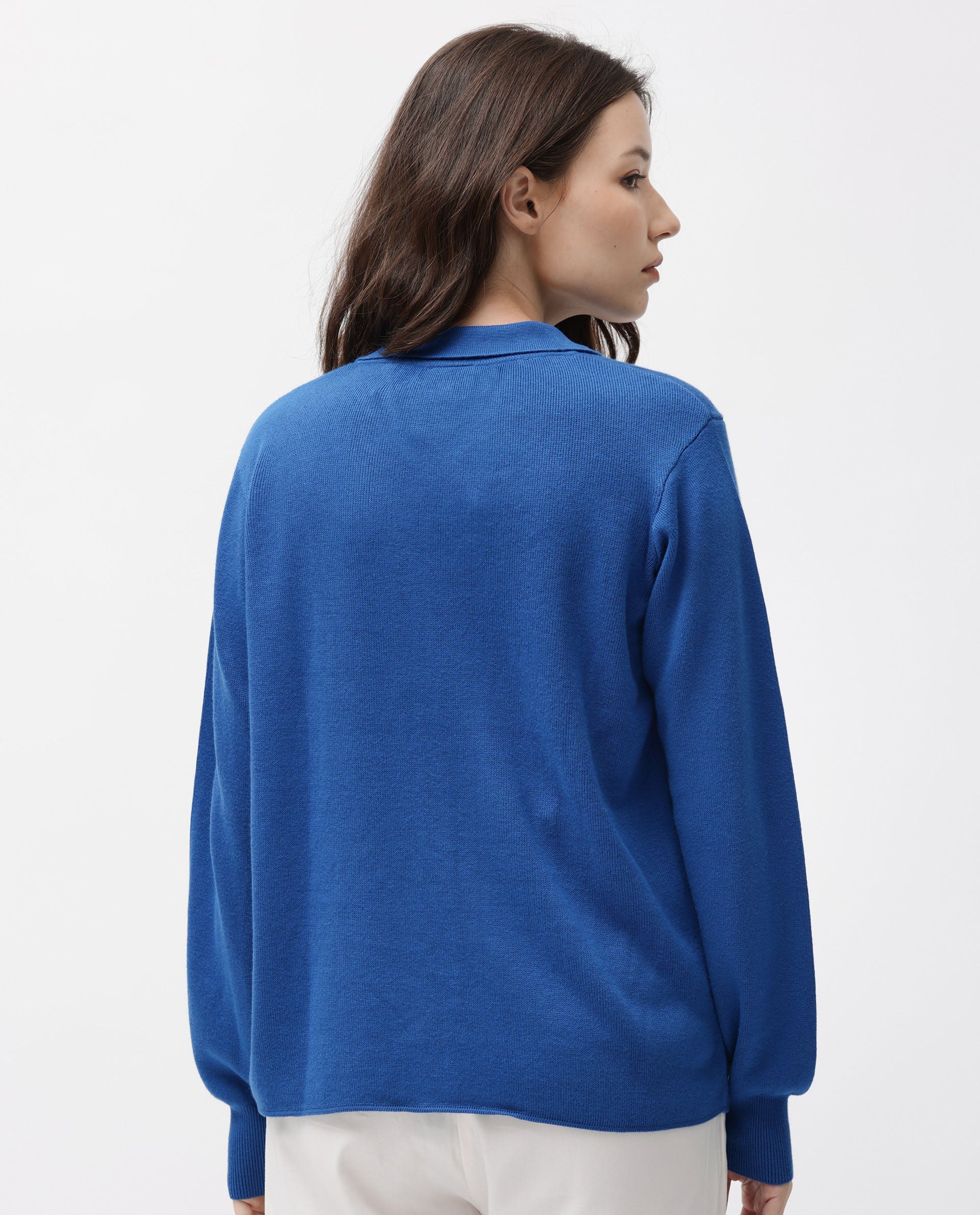 Rareism Women Korn Blue Viscose Fabric Full Sleeves Regular Fit Solid Shirt Collar Sweater