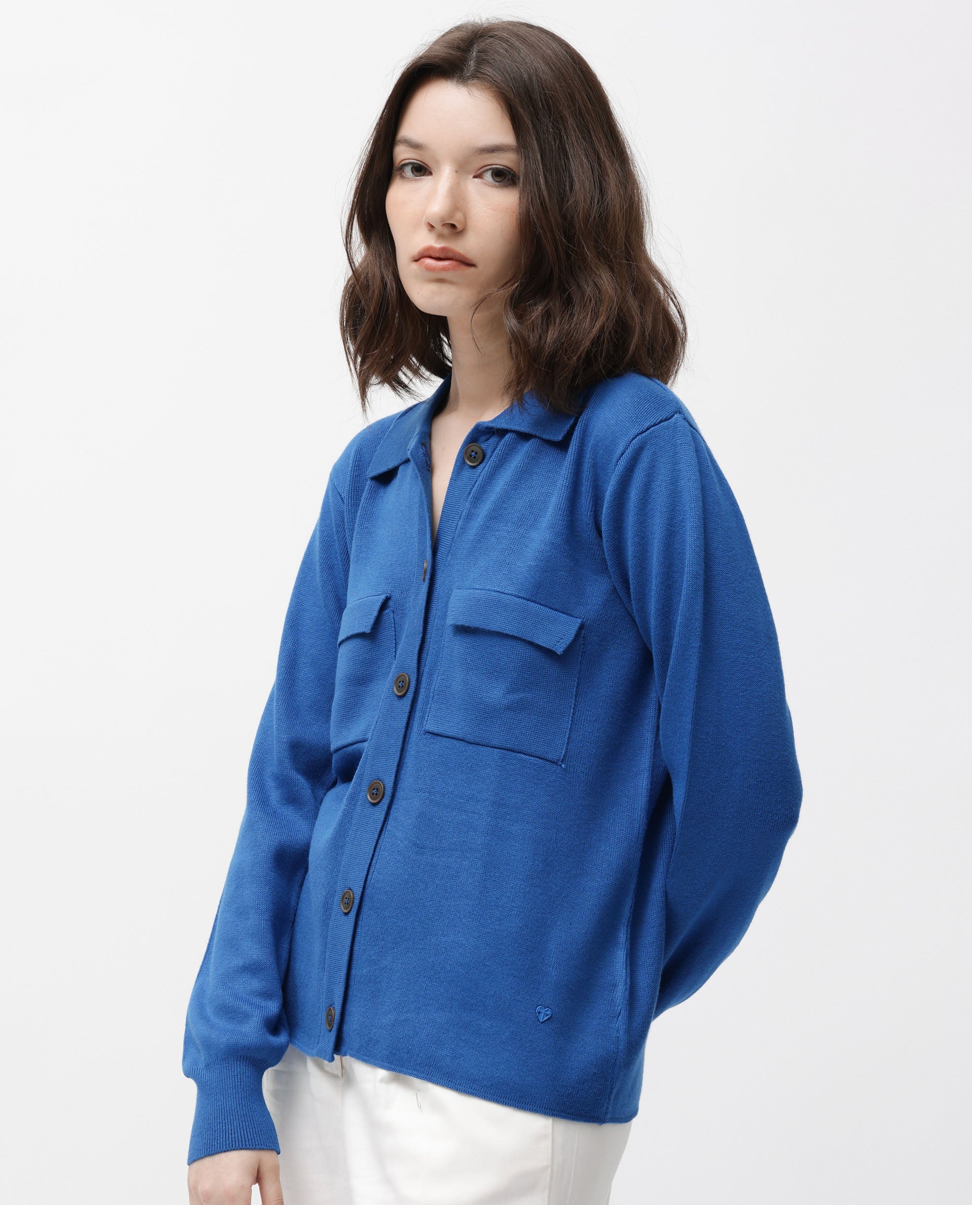 Rareism Women Korn Blue Viscose Fabric Full Sleeves Regular Fit Solid Shirt Collar Sweater