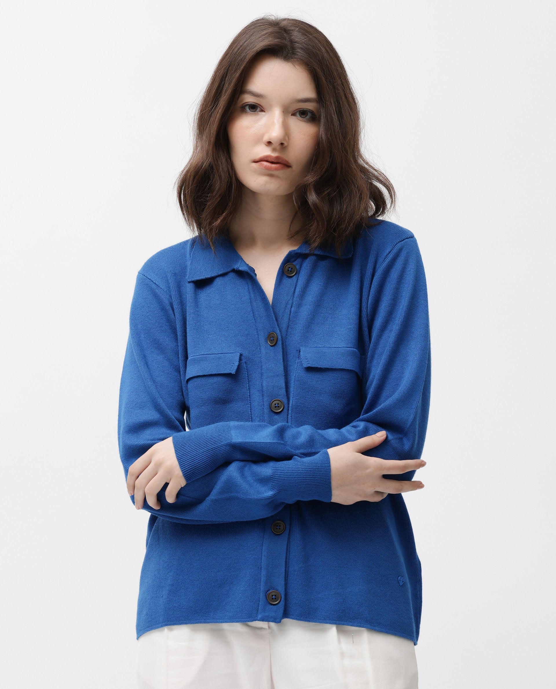 Rareism Women Korn Blue Viscose Fabric Full Sleeves Regular Fit Solid Shirt Collar Sweater