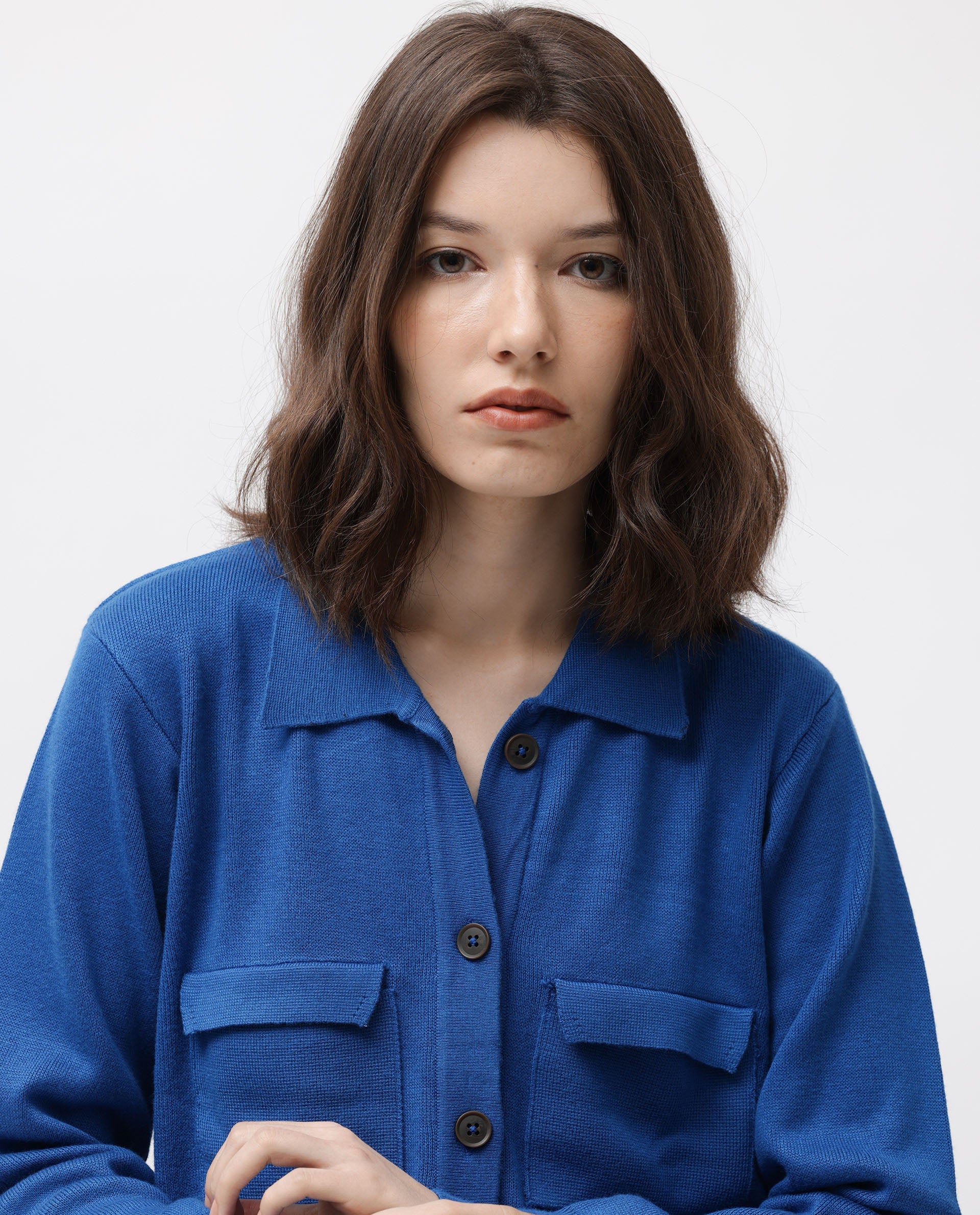 Rareism Women Korn Blue Viscose Fabric Full Sleeves Regular Fit Solid Shirt Collar Sweater