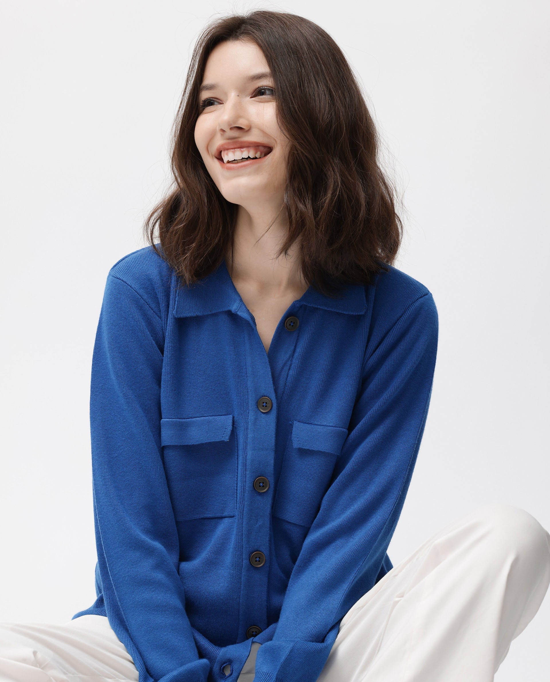 Rareism Women Korn Blue Viscose Fabric Full Sleeves Regular Fit Solid Shirt Collar Sweater