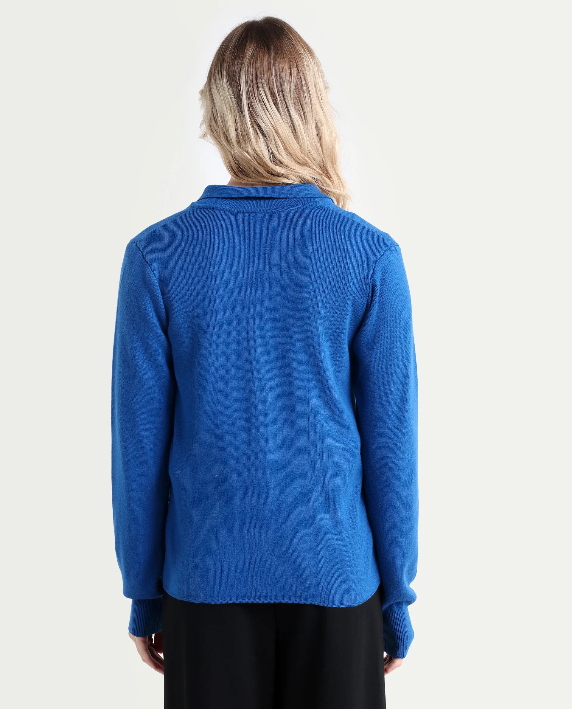 Rareism Women's Korn Blue Viscose Spread Collar Plain Regular Fit Sweater