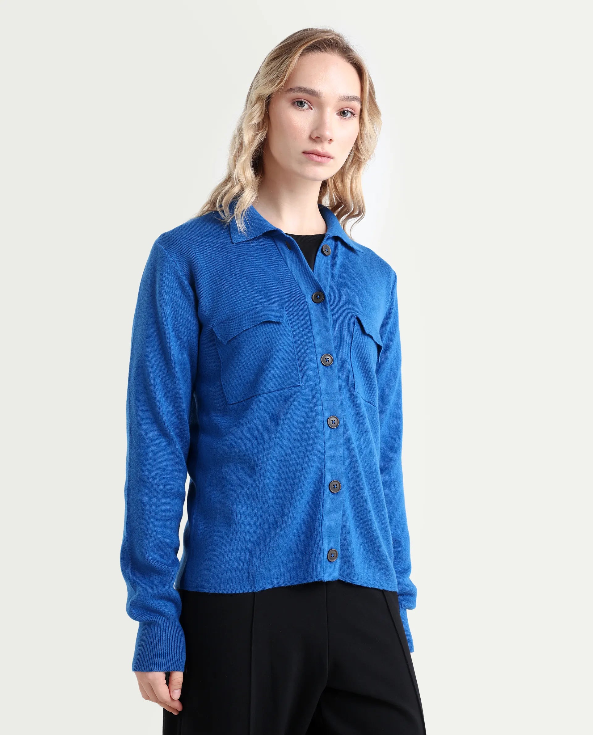 Rareism Women's Korn Blue Viscose Spread Collar Plain Regular Fit Sweater