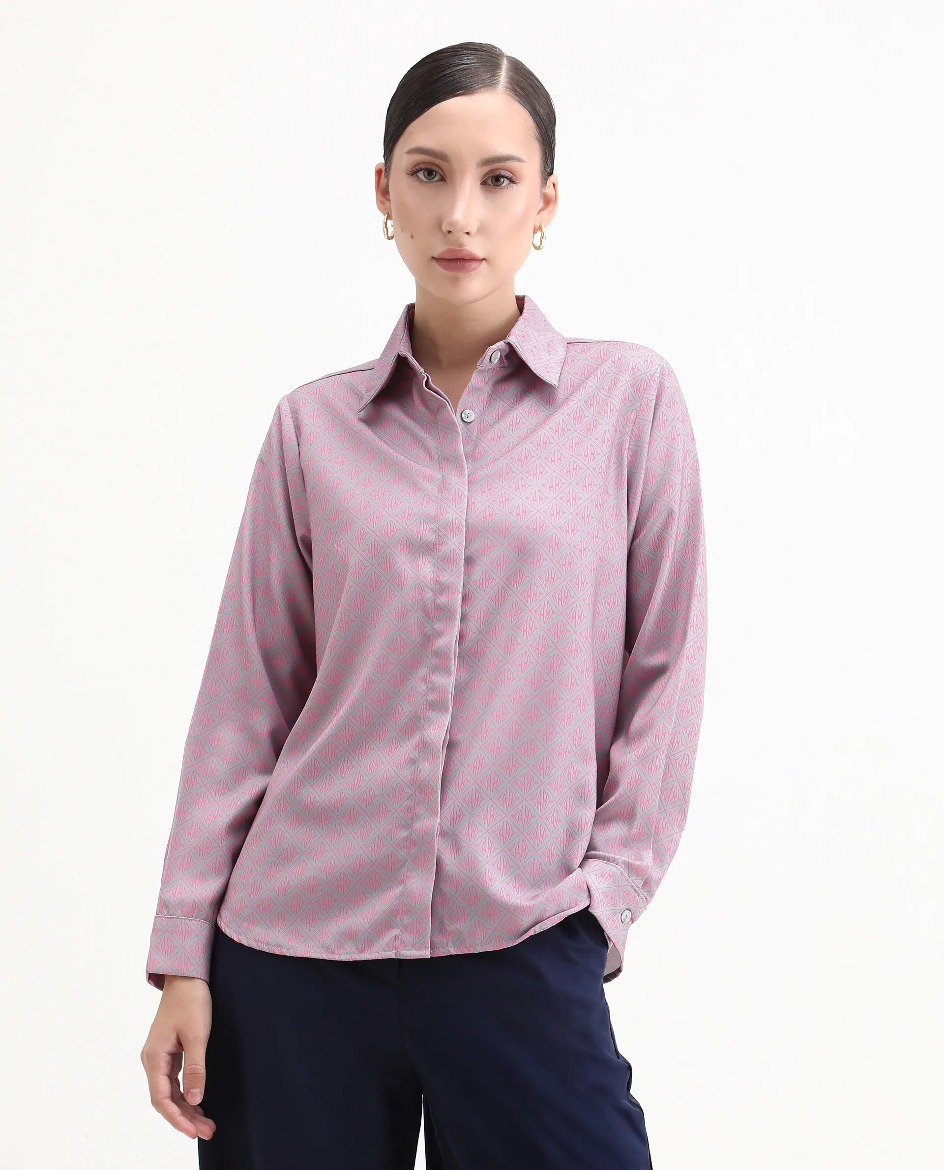 Rareism Women's Korre Pink Satin Spread Collar Monogram Print Cuffed Sleeve Boxy Fit Top