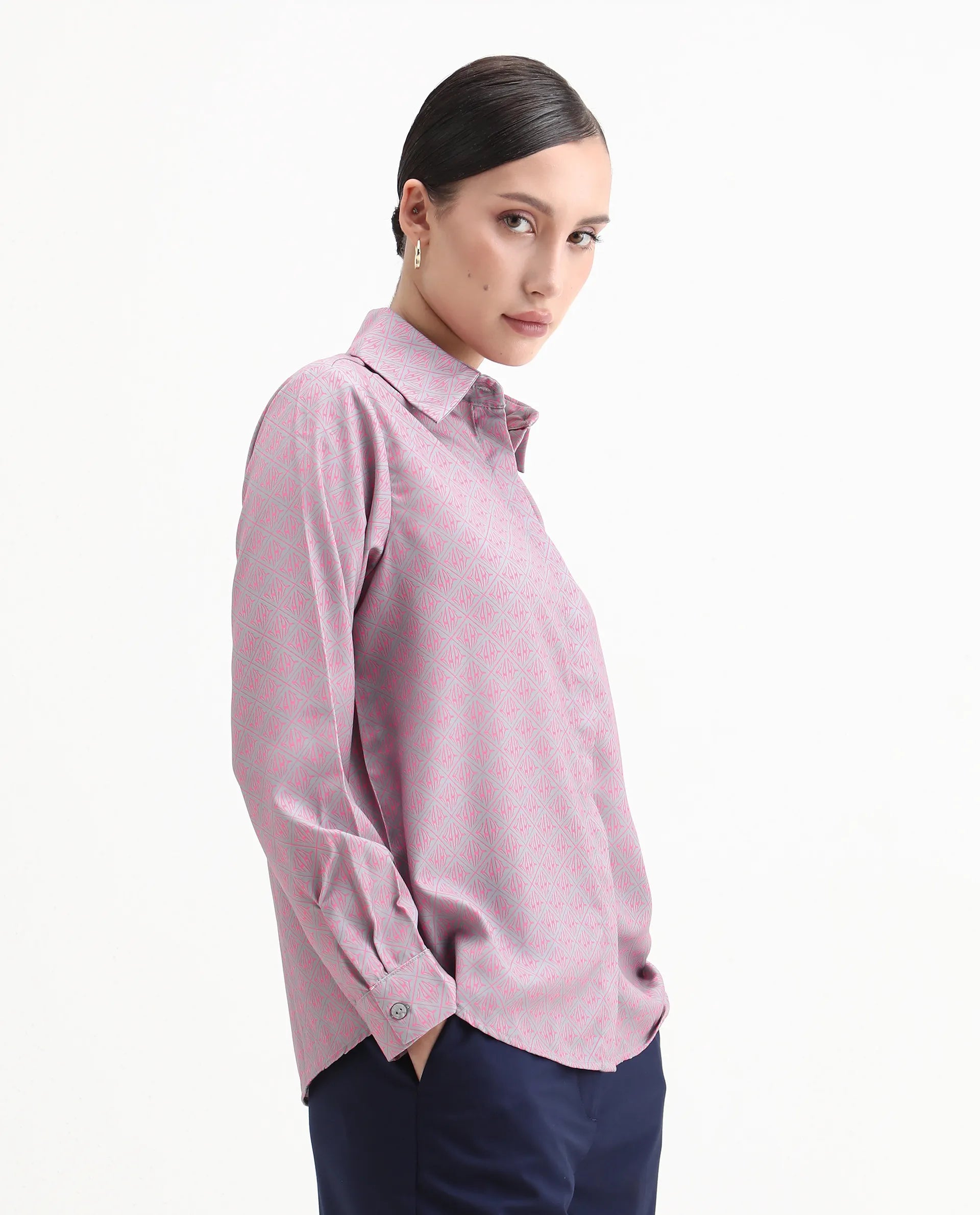 Rareism Women's Korre Pink Satin Spread Collar Monogram Print Cuffed Sleeve Boxy Fit Top