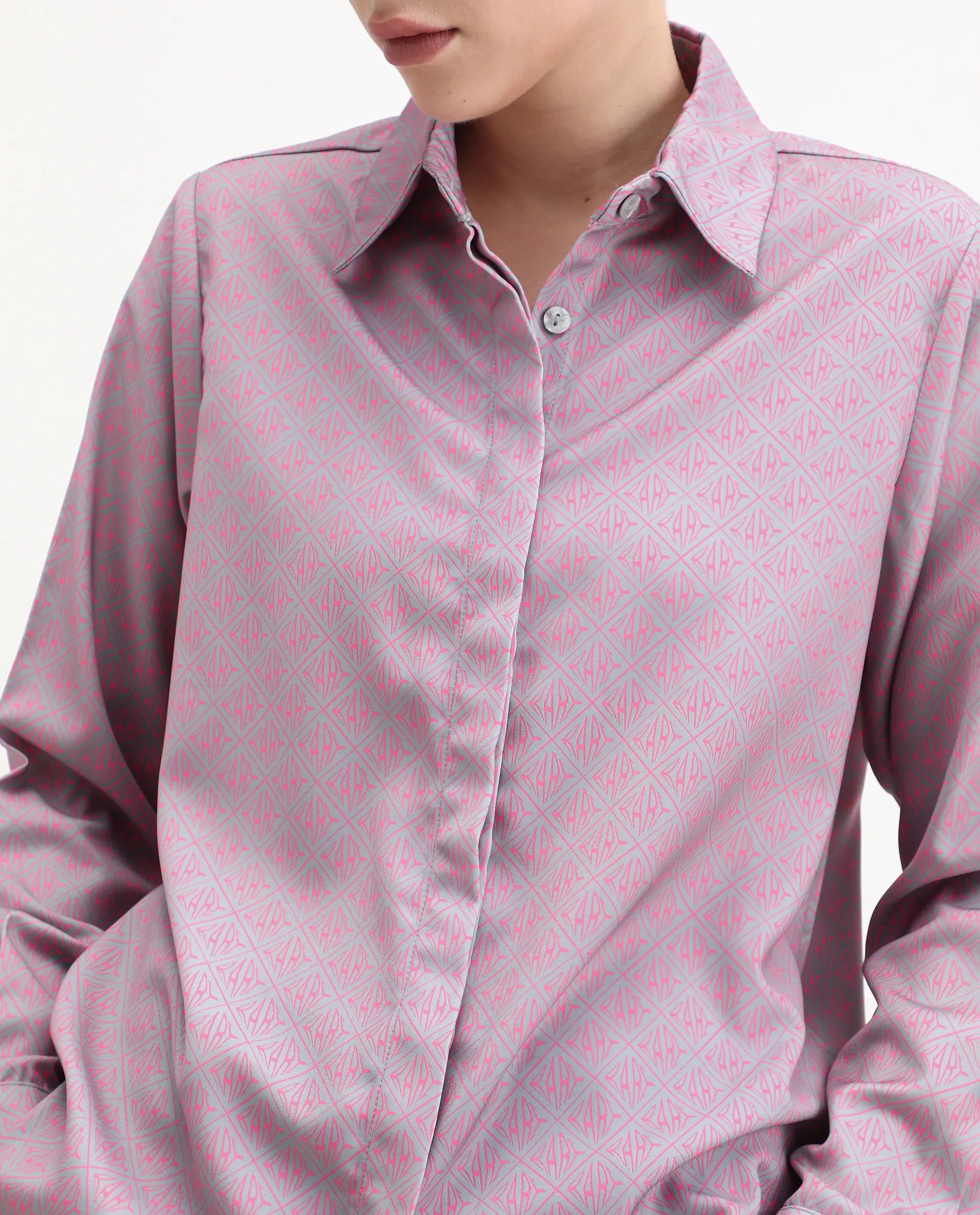 Rareism Women's Korre Pink Satin Spread Collar Monogram Print Cuffed Sleeve Boxy Fit Top