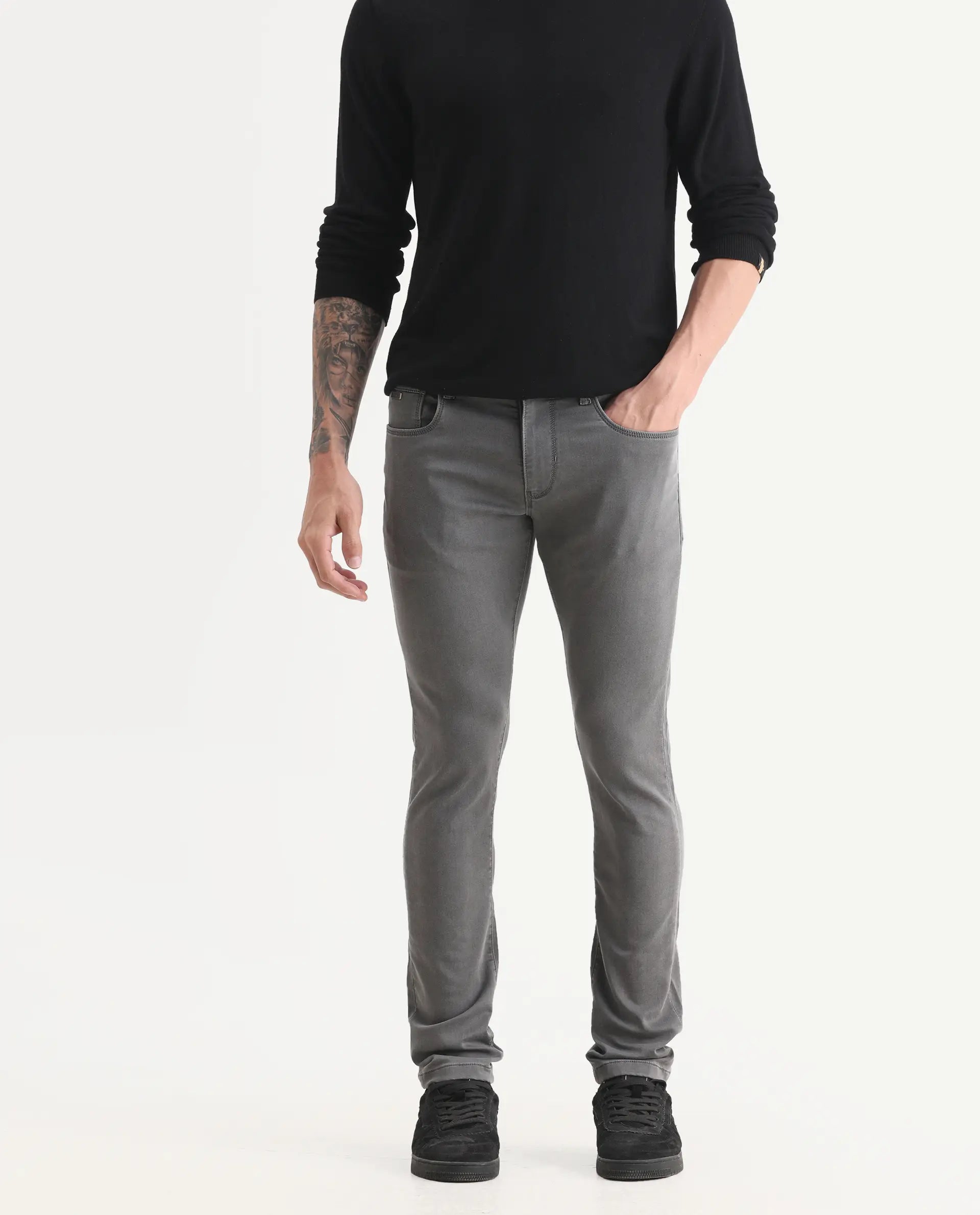 Rare Rabbit Men's Korv-25 Grey Cotton Blend Plain Hawk Slim Fit Jeans