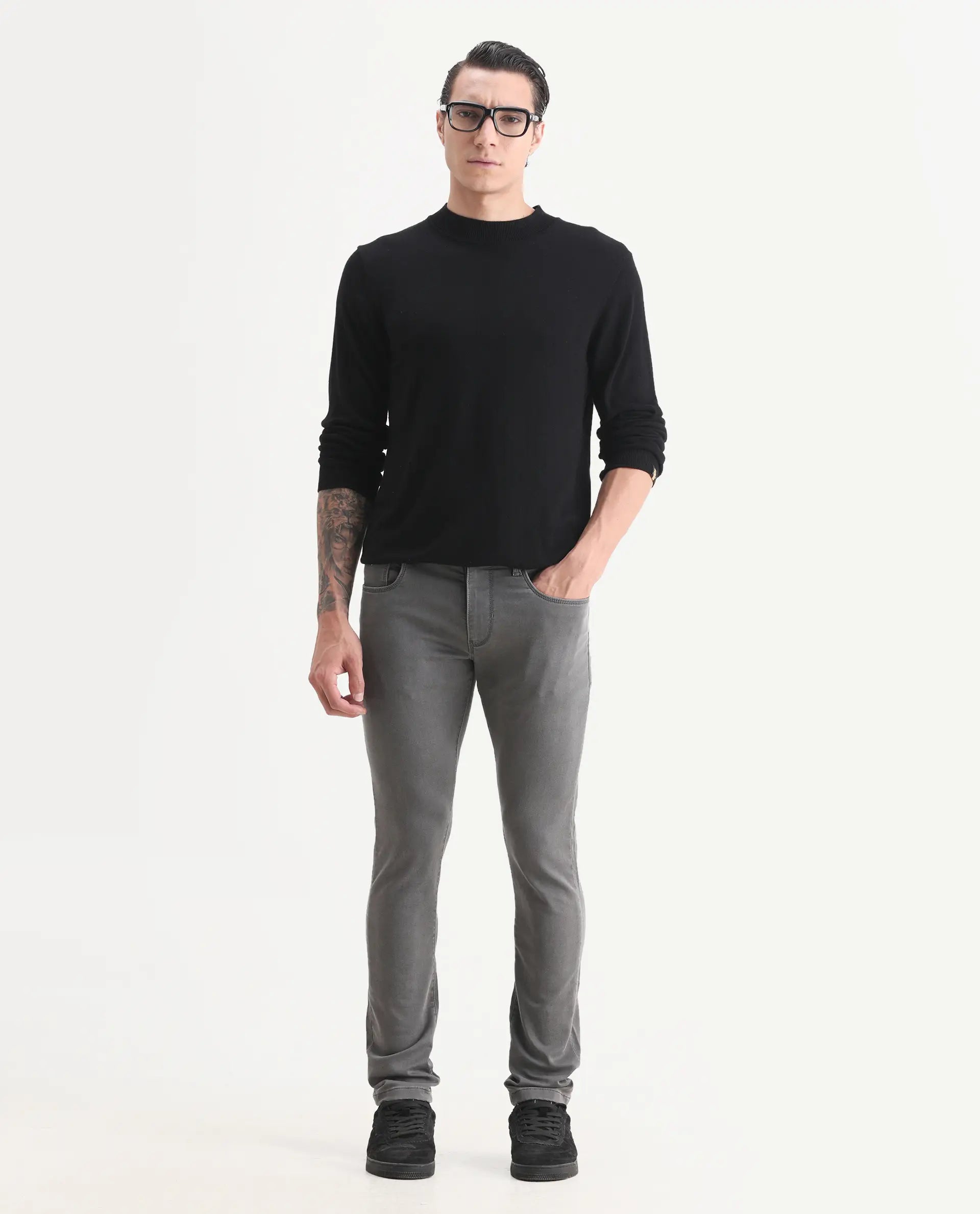 Rare Rabbit Men's Korv-25 Grey Cotton Blend Plain Hawk Slim Fit Jeans