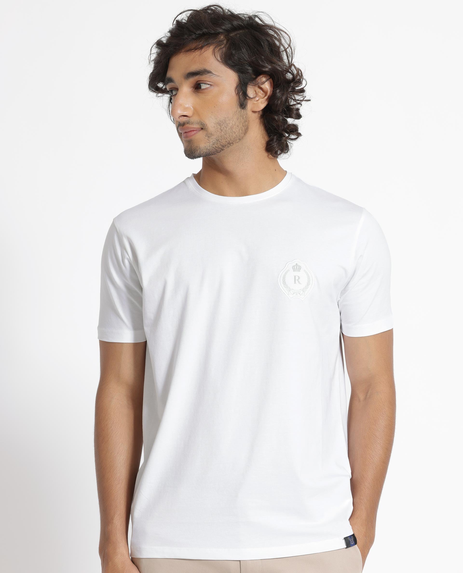 Rare Rabbit Men's Kos White Solid Crew Neck Chest Embroidered Label Branding Half Sleeves Regular Fit T-Shirt