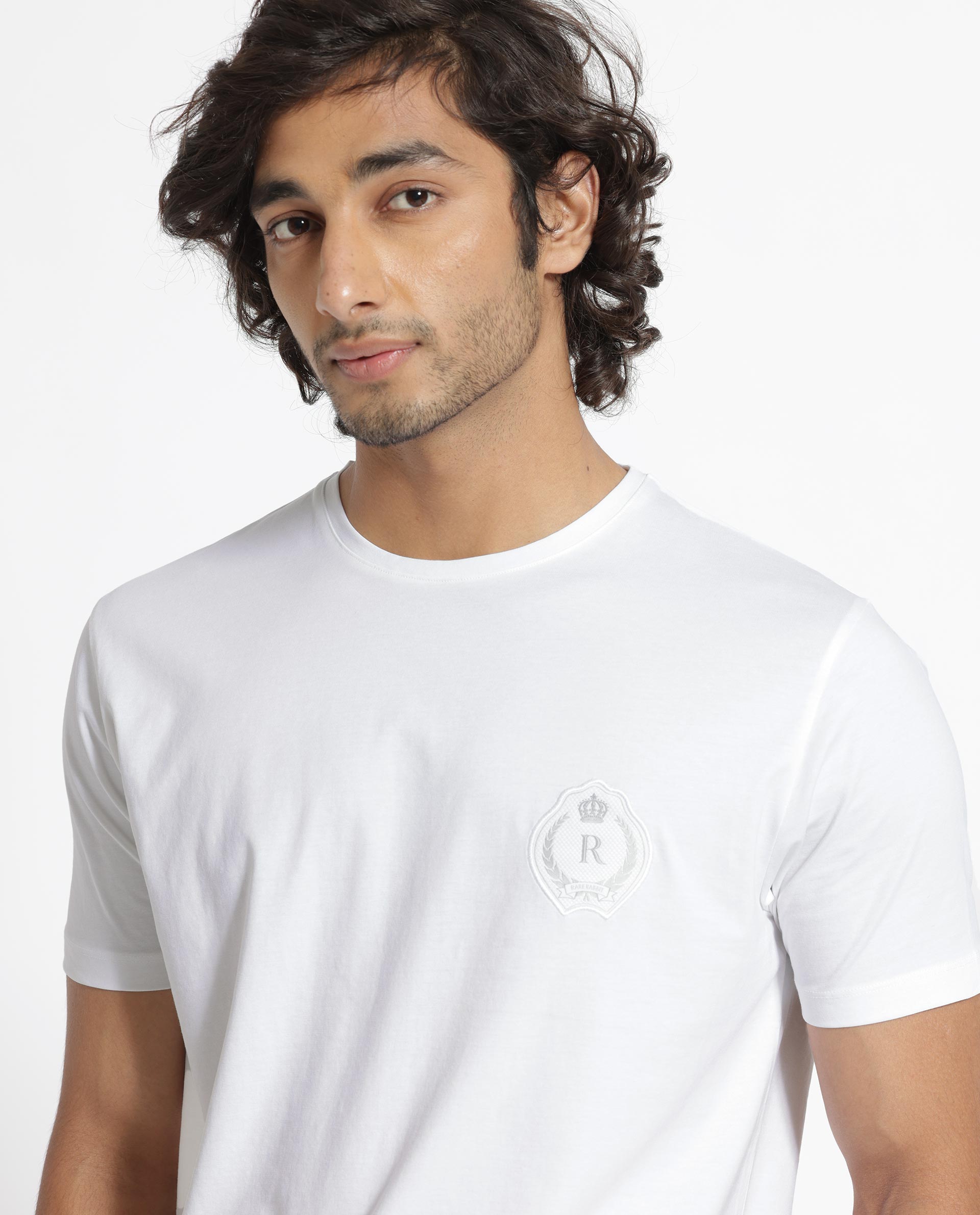 Rare Rabbit Men's Kos White Solid Crew Neck Chest Embroidered Label Branding Half Sleeves Regular Fit T-Shirt