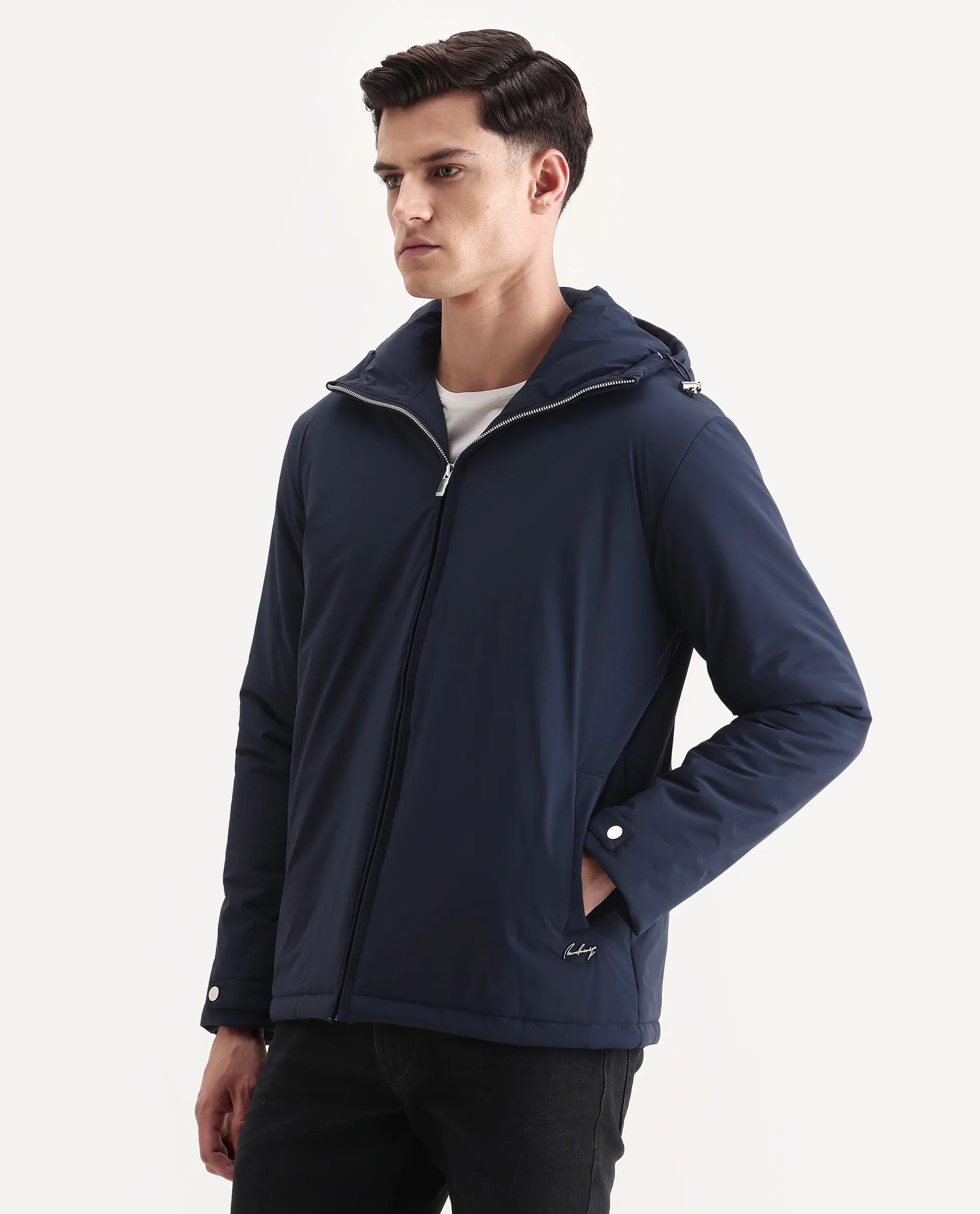 Rare Rabbit Men's Kost Navy Nylon Fabric High Neck Relaxed Fit Plain Jacket