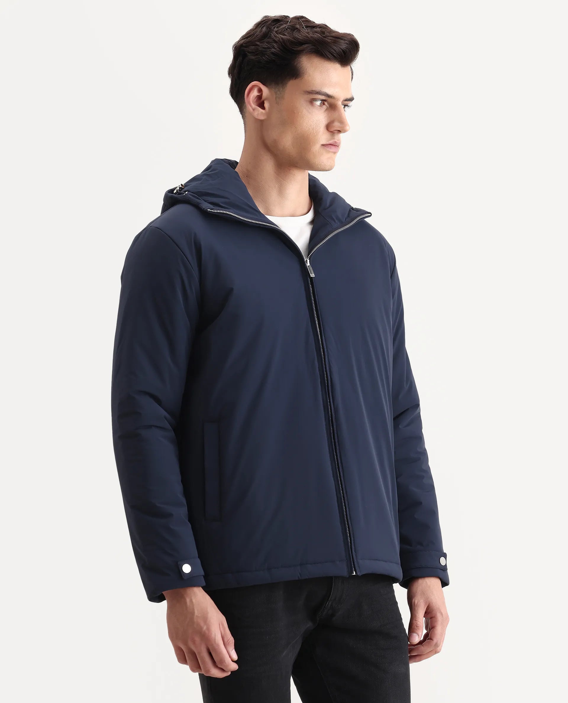 Rare Rabbit Men's Kost Navy Nylon Fabric High Neck Relaxed Fit Plain Jacket