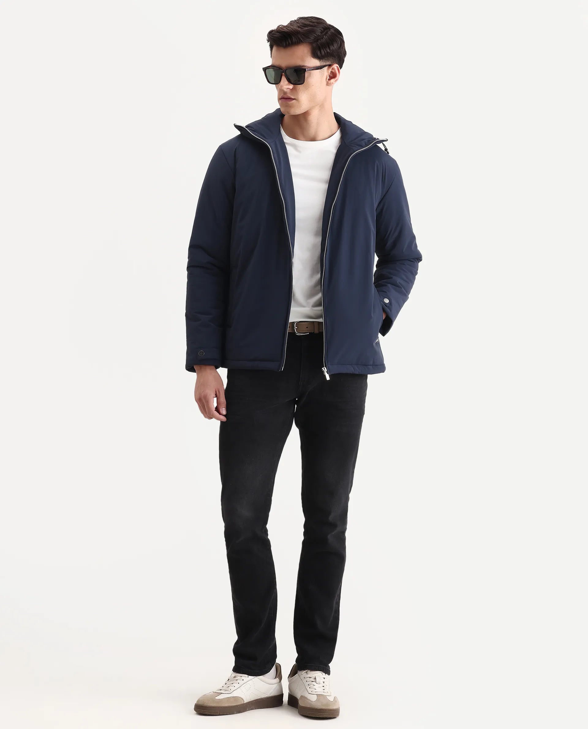 Rare Rabbit Men's Kost Navy Nylon Fabric High Neck Relaxed Fit Plain Jacket
