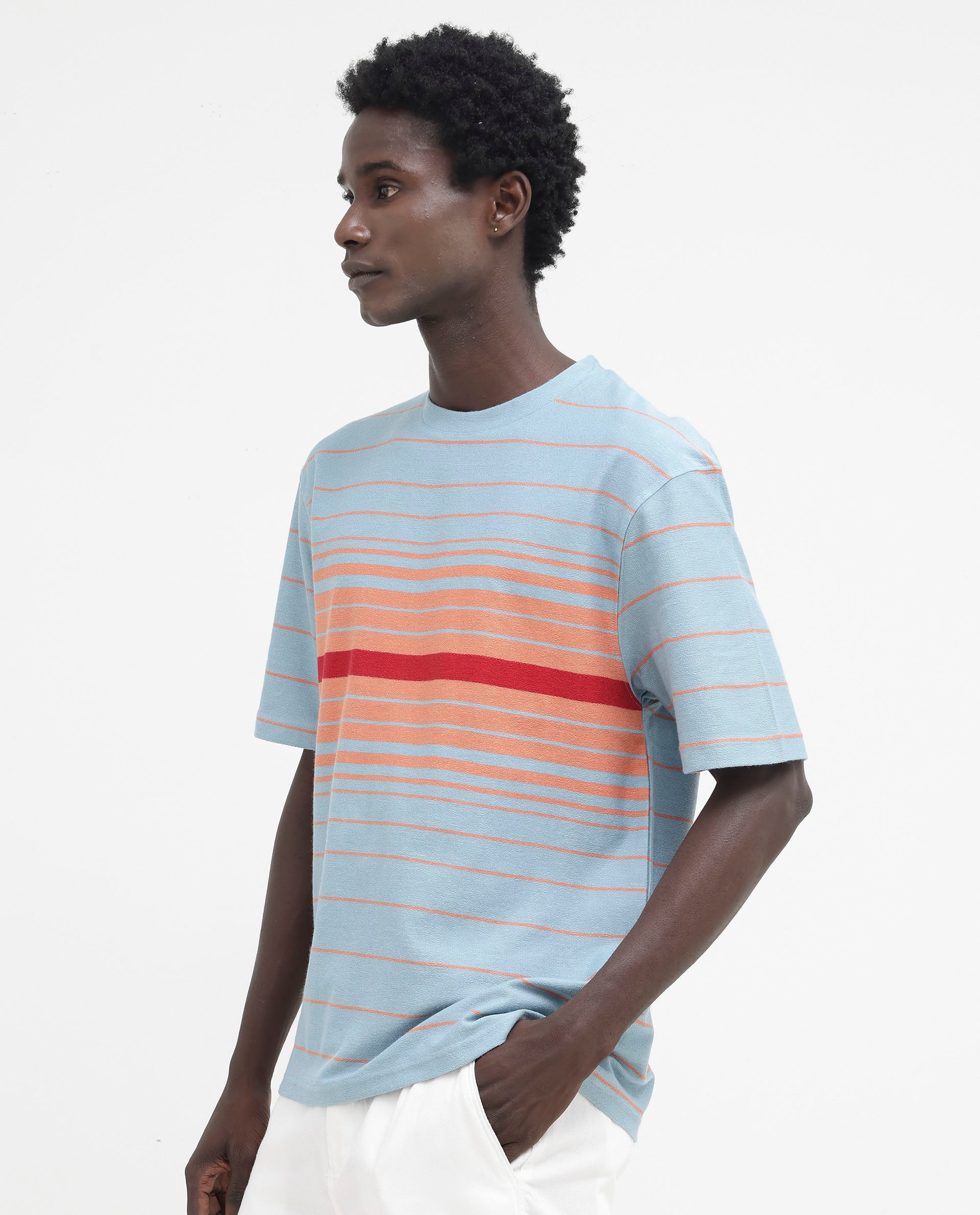 Rare Rabbit Mens Kot Dusky Blue Cotton Fabric Short Sleeves Oversized Fit Stripe T-Shirt