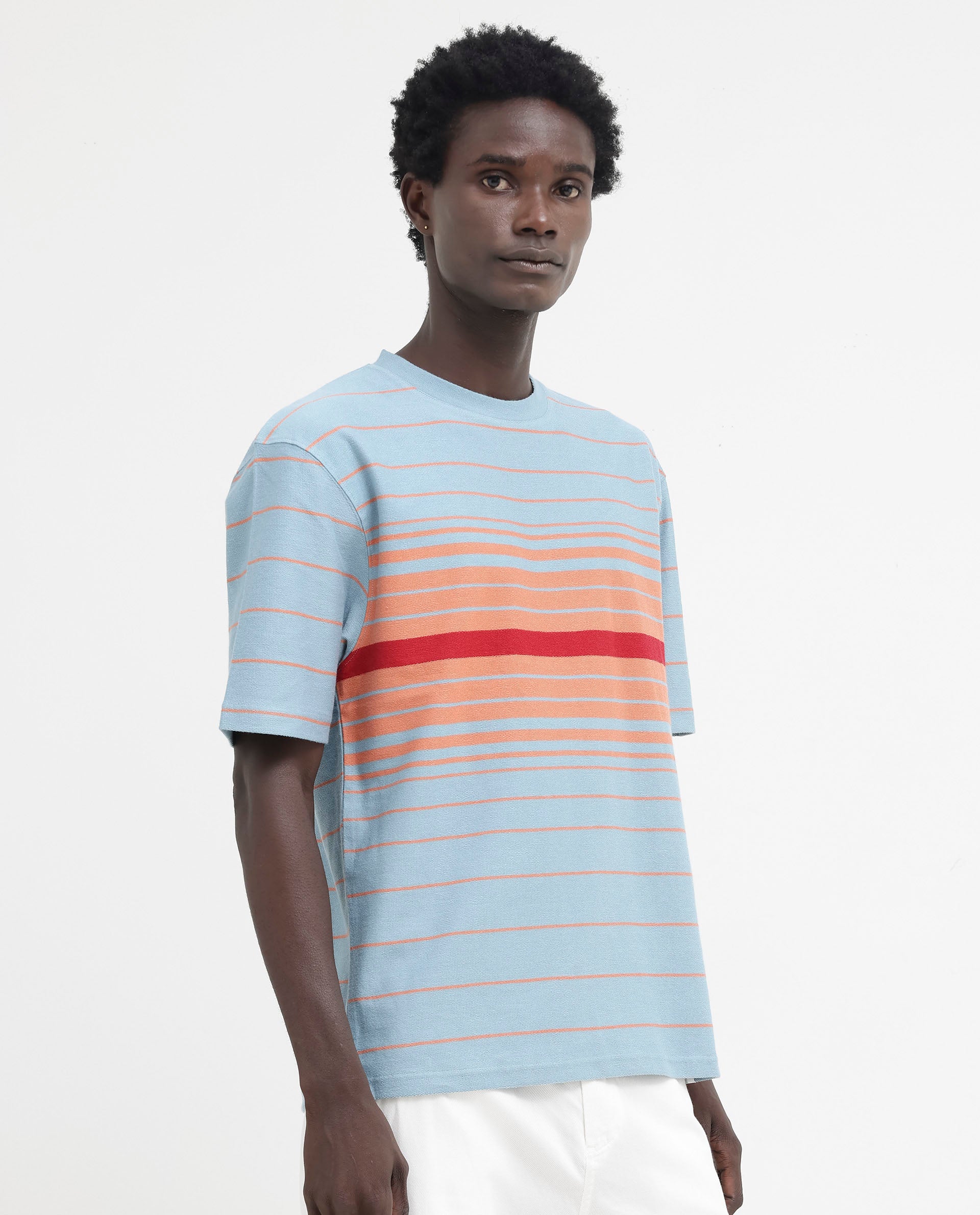 Rare Rabbit Mens Kot Dusky Blue Cotton Fabric Short Sleeves Oversized Fit Stripe T-Shirt